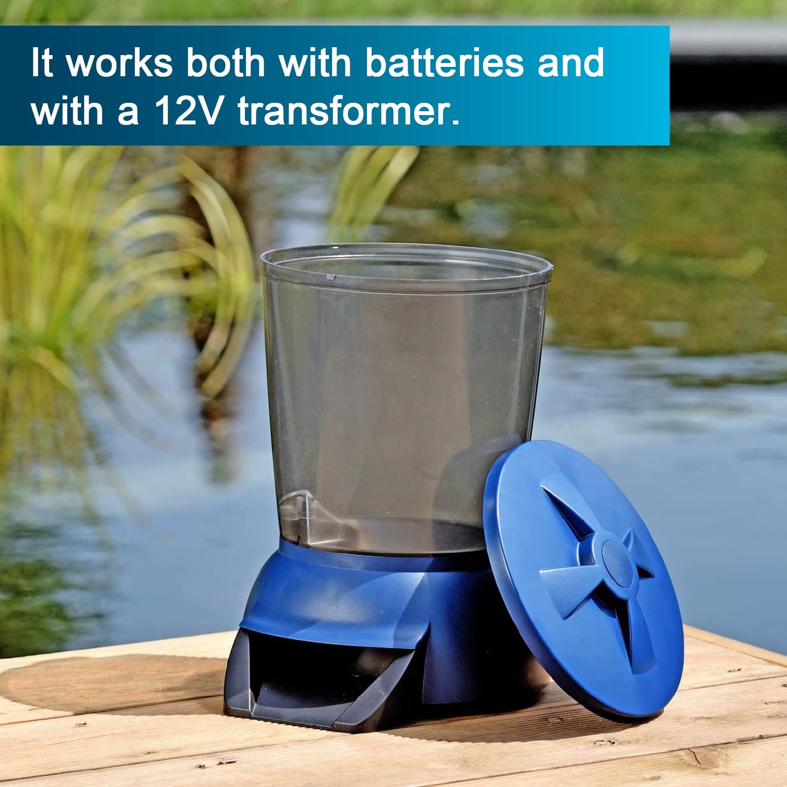 Distributeur Automatique de Grande capacité de Nourriture pour Poissons dans Les bassins de Jardin, avec écran LCD & 6 Fois Le réglage du Temps d'alimentation (5L)