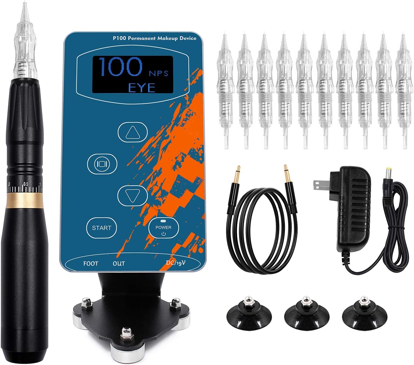 Permanent Makeup Tattoo Machine-BIOMASER P100 Permanent Makeup Eyebrow Tattoo Machine Pen (HP-100) Rotary Microblading Pen with 10 Cartridge Needles for Eyeliner Lip