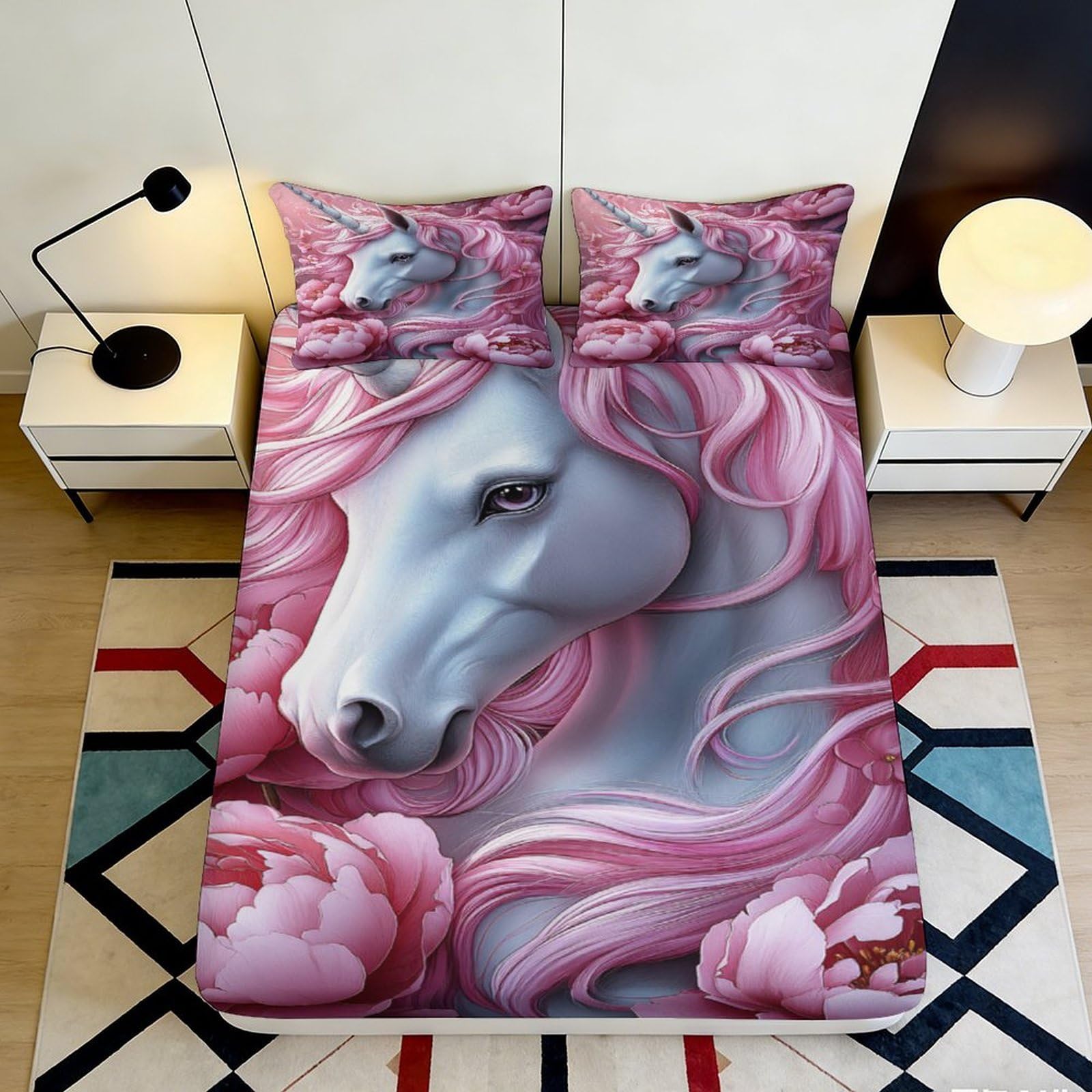 3D Printed Fantasy Unicorn Fitted Sheet Microfiber Deep Pocket Non-Slip for Bedroom Unicorn Mattress Fitted Cover Washable Adult Teen 90x200x25cm
