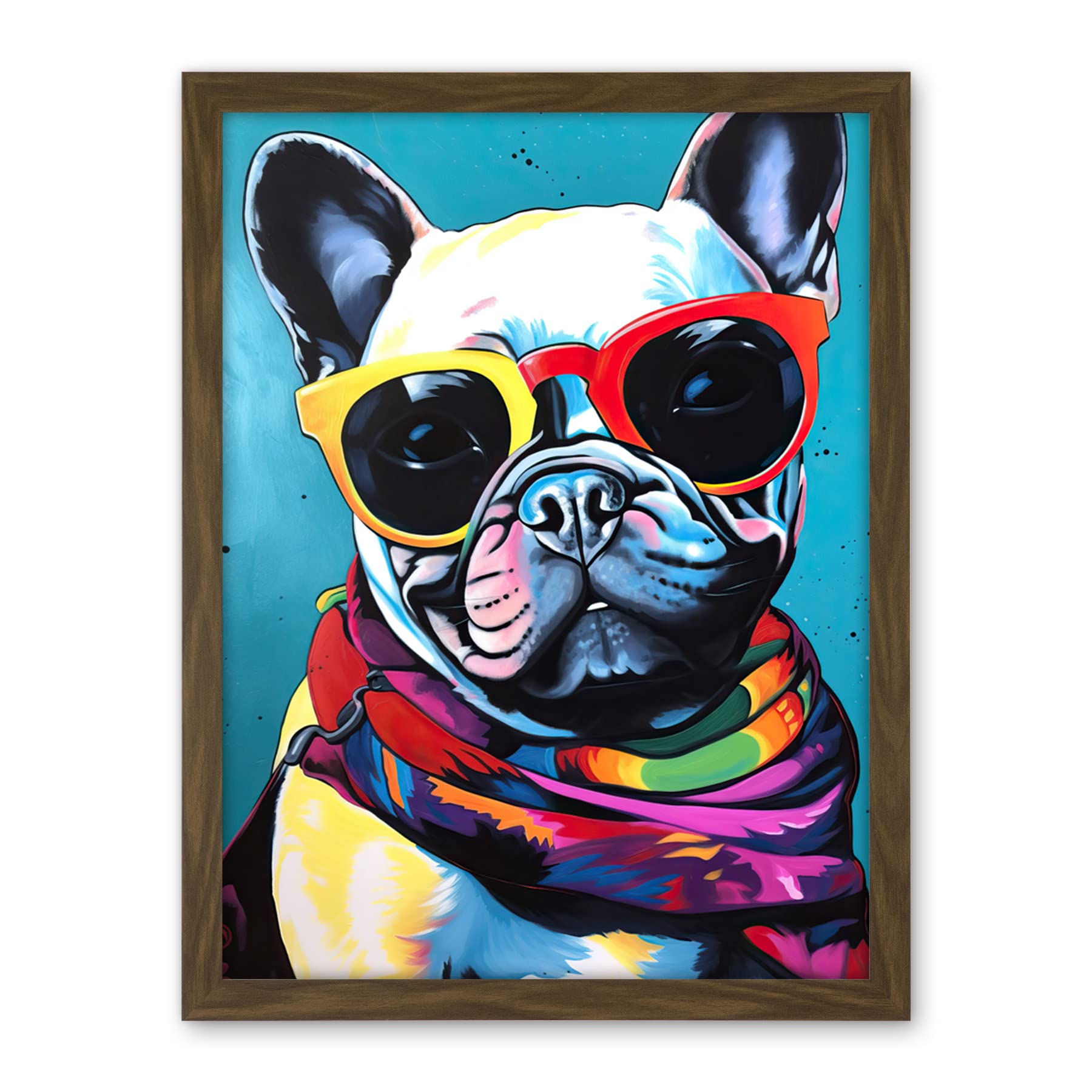 Artery8 French Bulldog in Sunglasses and Bandana Folk Art Artwork Framed Wall Art Print 18X24 Inch