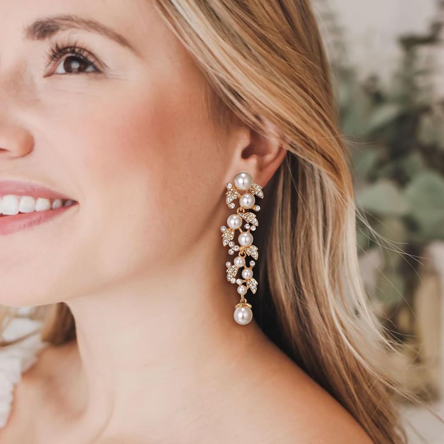 EVER FAITH Bridal Austrian Crystal Simulated Pearl 1920s Style Leaf Dangle Earrings Stretch Bracelet Jewelry Set for Women Clear Gold-Tone
