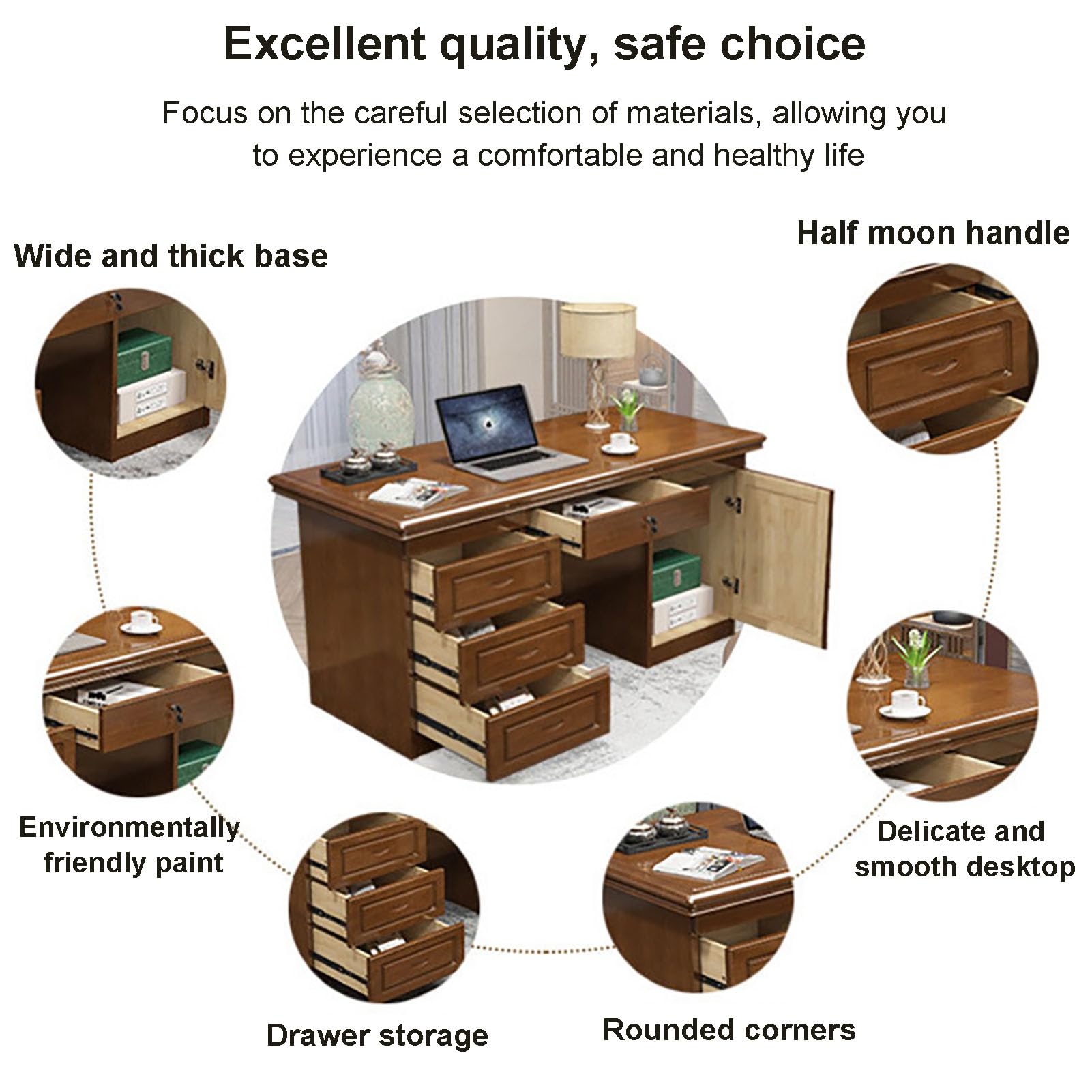 Modern Computer Desk With 3 Drawers & Storage Cabinet - Writing Table Workstation, 45.27" Wide 8 thumbnail image