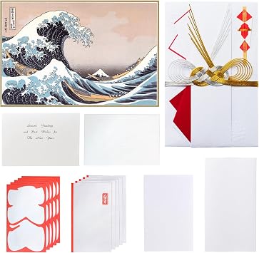 Japanese Greeting Card & Gift Stationery Set with 10 Mini Pochi Bukuro - Traditional Osaka Fold Money Holder for Cash, Handcrafted Iida Mizuhiki - [The Great Wave off Kanagawa Design]