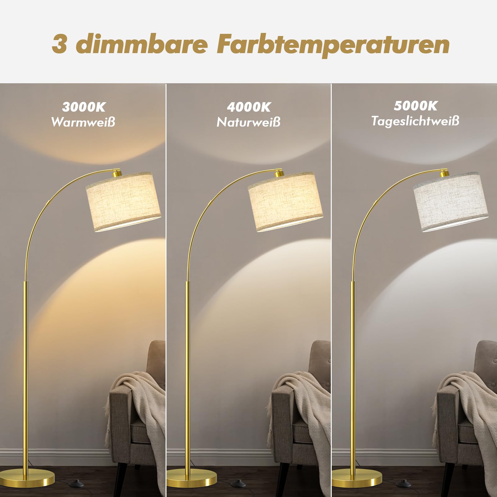 GyroVu Wohnzimmer Stehlampe, 161cm Bogenlampe mit Verstellbarem Lampenkopf & Fußschalter, Moderne Stehlampe mit 3 Farbtemperaturen, Standleuchte für Wohnzimmer Schlafzimmer und Büro Stehleuchte