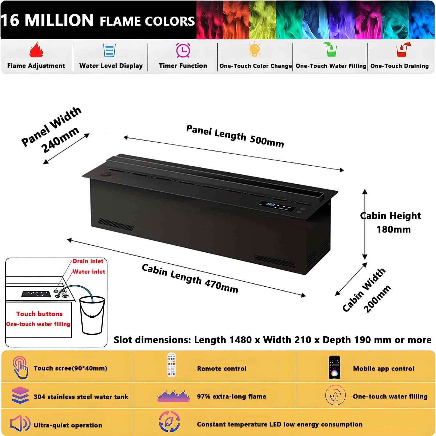 Chimenea inteligente de vapor de agua 3D con control remoto, 9 colores de llama, panel táctil, recarga automática