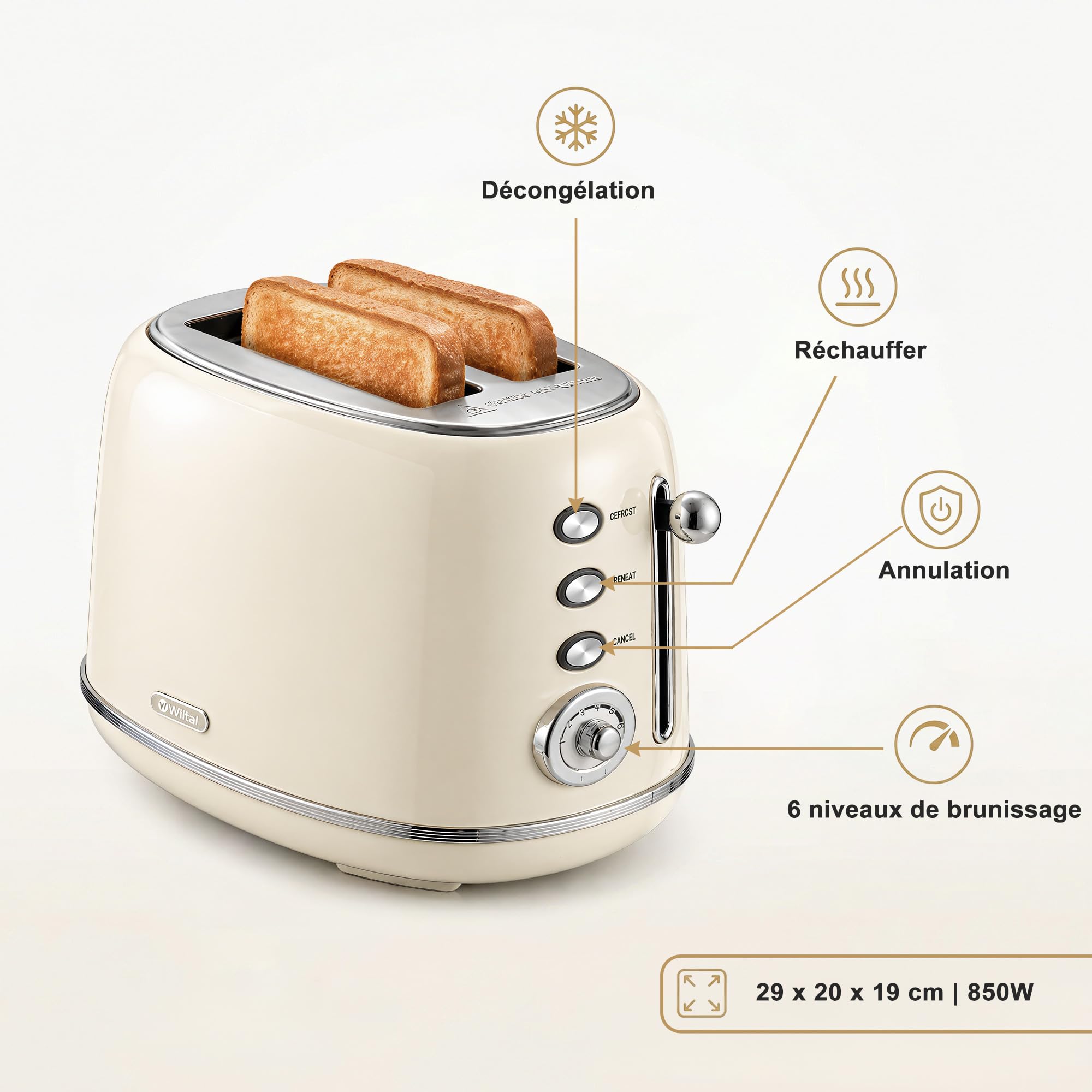 Wiltal Grille-Pain Rétro 2 Fentes Acier Inoxydable - Compact Support Viennoiseries, 6 Niveaux, Décongélation, Réchauffage, Arrêt Automatique