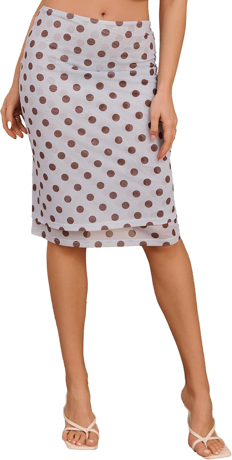Women's Polka Dot Midi Skirt Double-Layer Mesh for Summer Office Beach Vacation