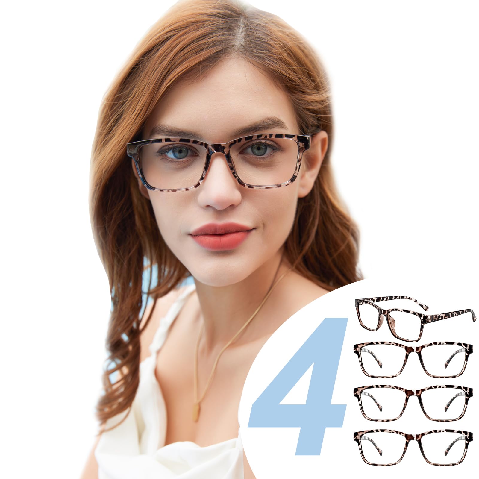 WEMOOTANTS 4 Packs Reading Glasses for Women Large Square Readers with Spring Hinges 1.0 1.25 1.5 1.75 2.0 2.25 to 4.0