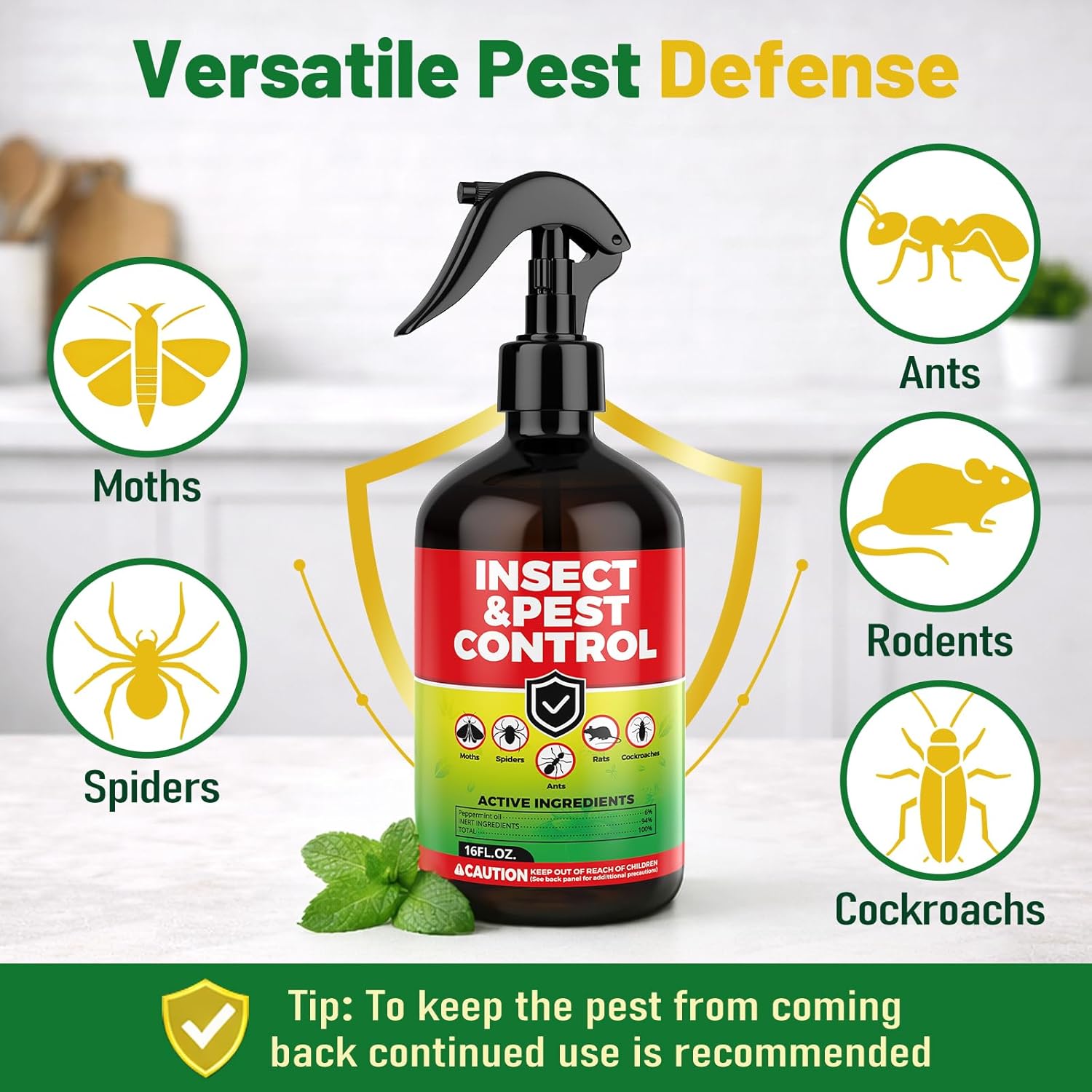 Peppermint Oil Pest Control Spray - Natural Indoor & Outdoor Repellent Spray for Moths， Spiders, Rats, Cockroaches and Ants in Kitchens, Bedrooms and Sinks, Safe for Home and Pets - 16 oz