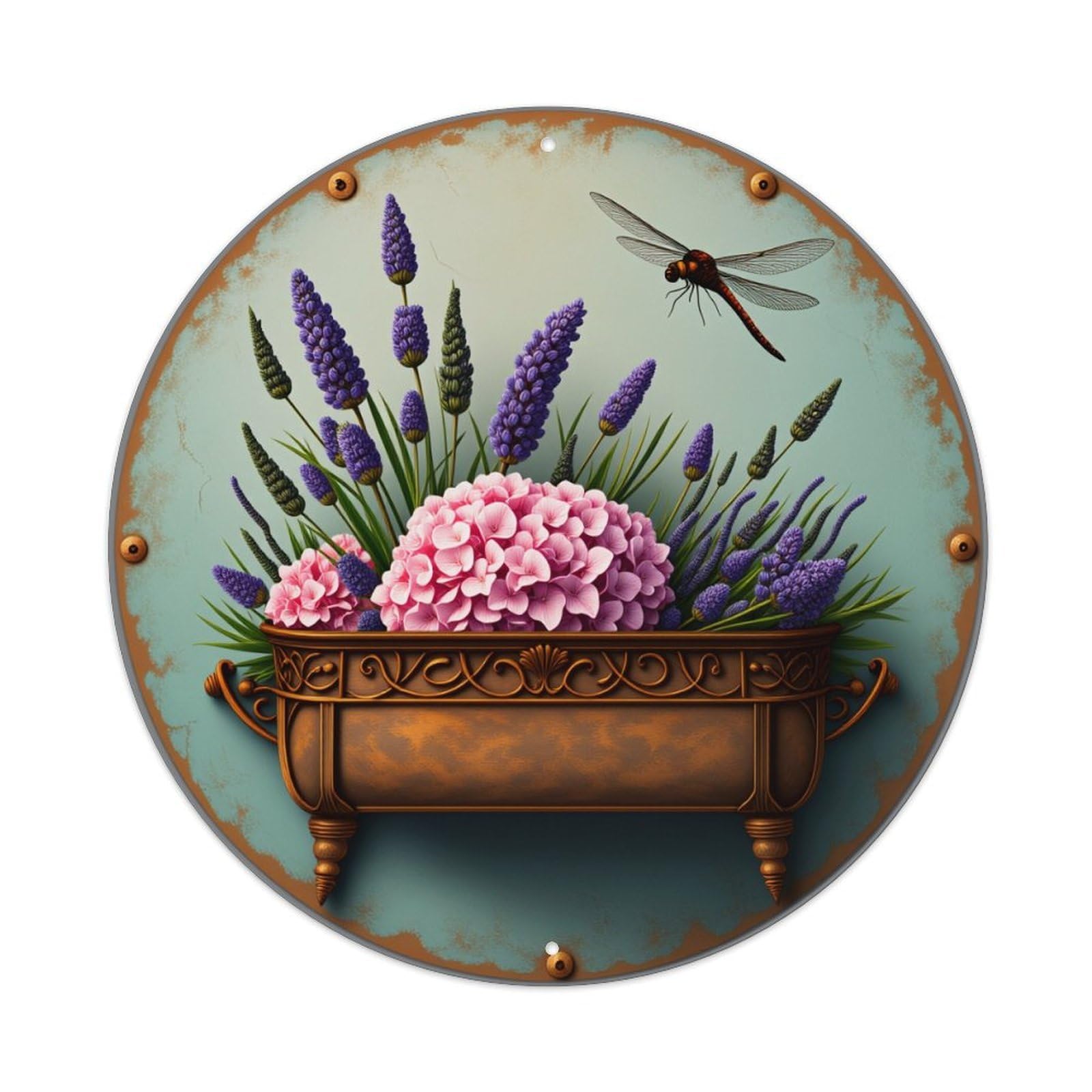 Wmlzdnwr Vintage Floral Arrangement With Lavender And Hydrangea In Bronze Vase Round Tin Sign,Retro Wall Art,Metal Poster For Home, Bar, Garage, Cafe, Rustic Indoor & Outdoor Decor, 8X8 Inches