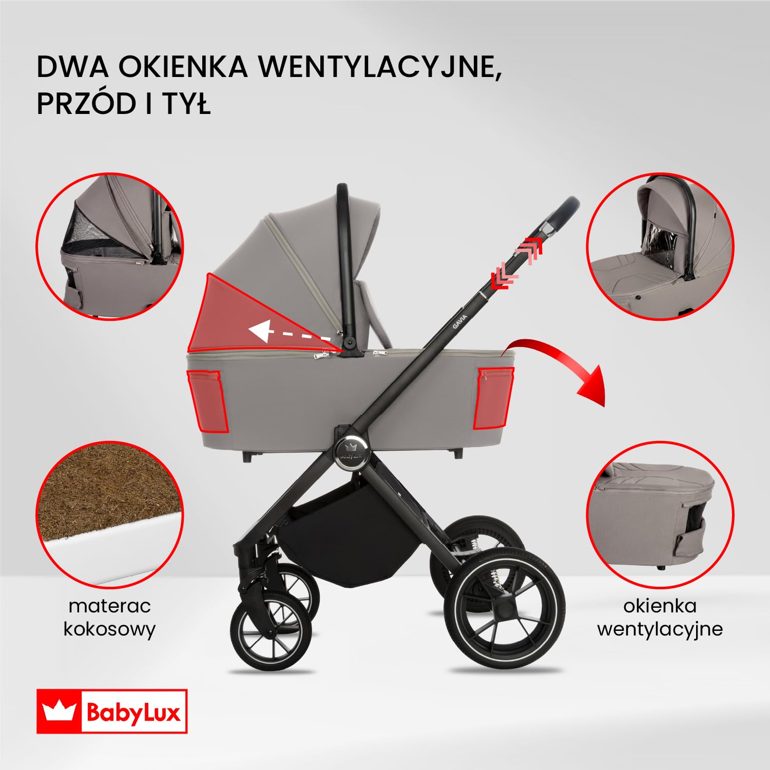 BabyLux Wielofunkcyjny Wózek Dziecięcy 3w1 GAVIA Lekki i Kompaktowy | Gondola, Spacerówka, Fotelik Samochodowy, Składana Aluminiowa Konstrukcja Stelaża, Regulowane oparcie, Akcesoria