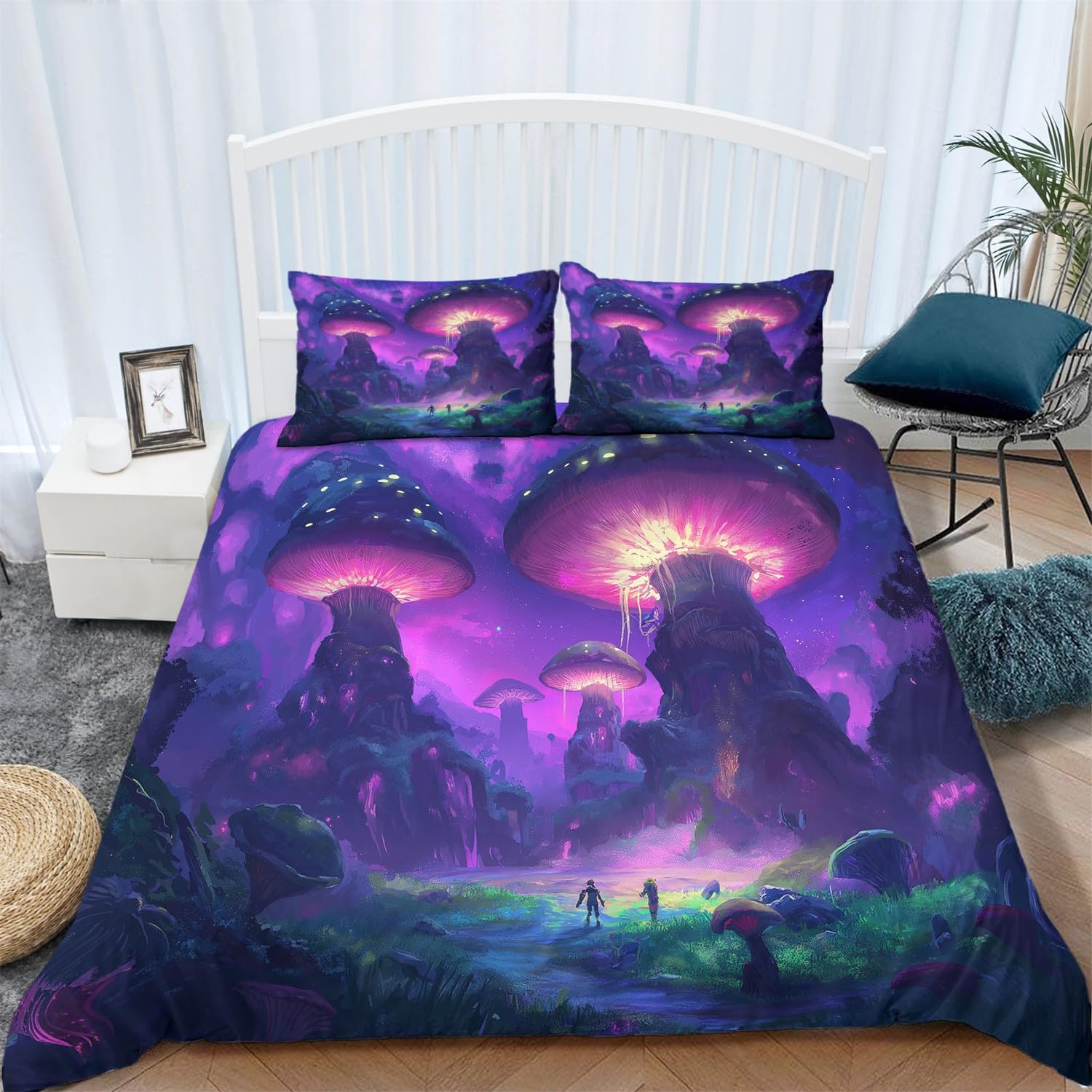 Fantasy Luminous Mushroom Bedding Set Microfiber Duvet Cover Set For Boys Girls Purple Pink Zipper Duvet Cover Set Soft 260x220cm