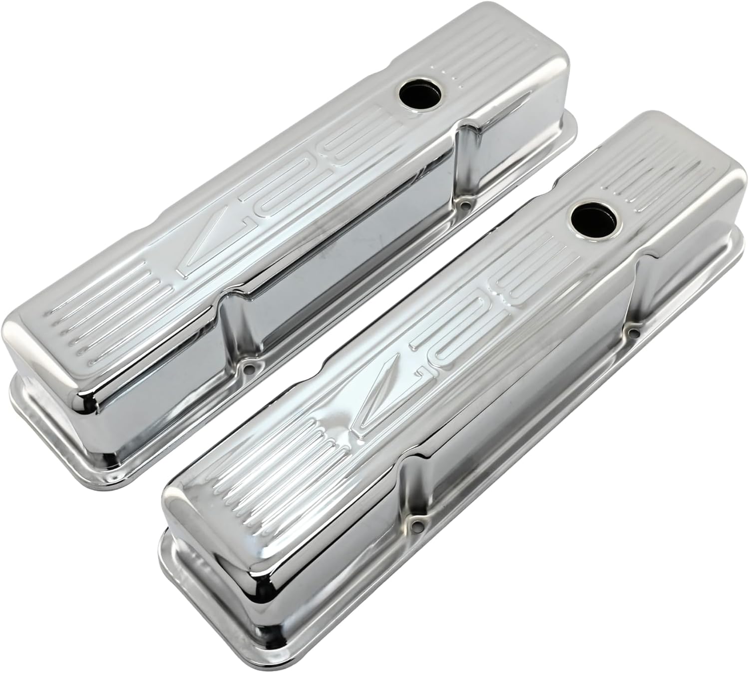 Tall Steel Valve Covers – Fits 1958–1986 Chevy Small Block 283‑305‑327‑350 (Stamped “327” Logo, 1 Hole Each) – Chrome Finish
