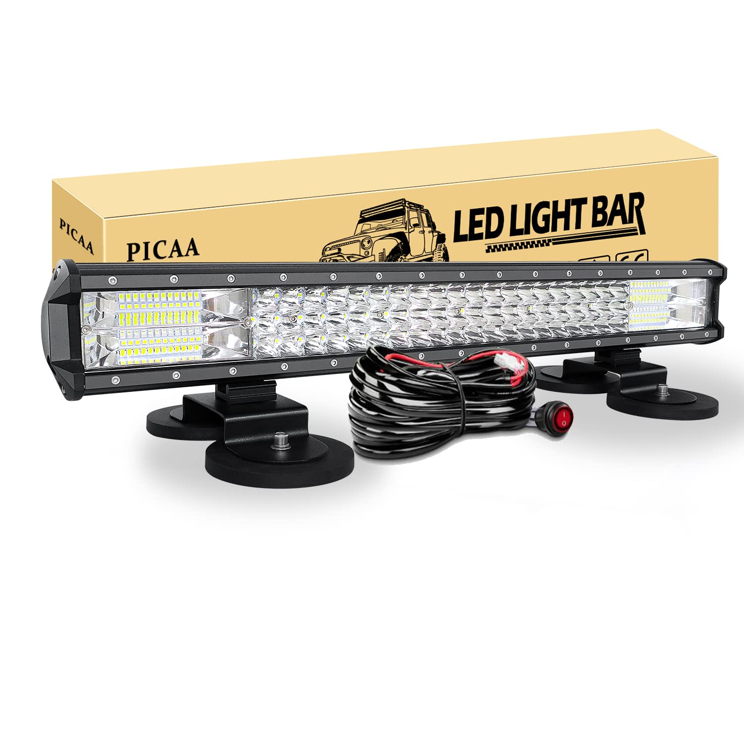 PICAA Barra Led Fuoristrada 20 pollici 59CM 7D 324W Tripla Fila Spot Flood Barra Luce a Led con Magnetico Supporto per FUORI STRADA Moto 4WD SUV ATV UTV Camion 12V