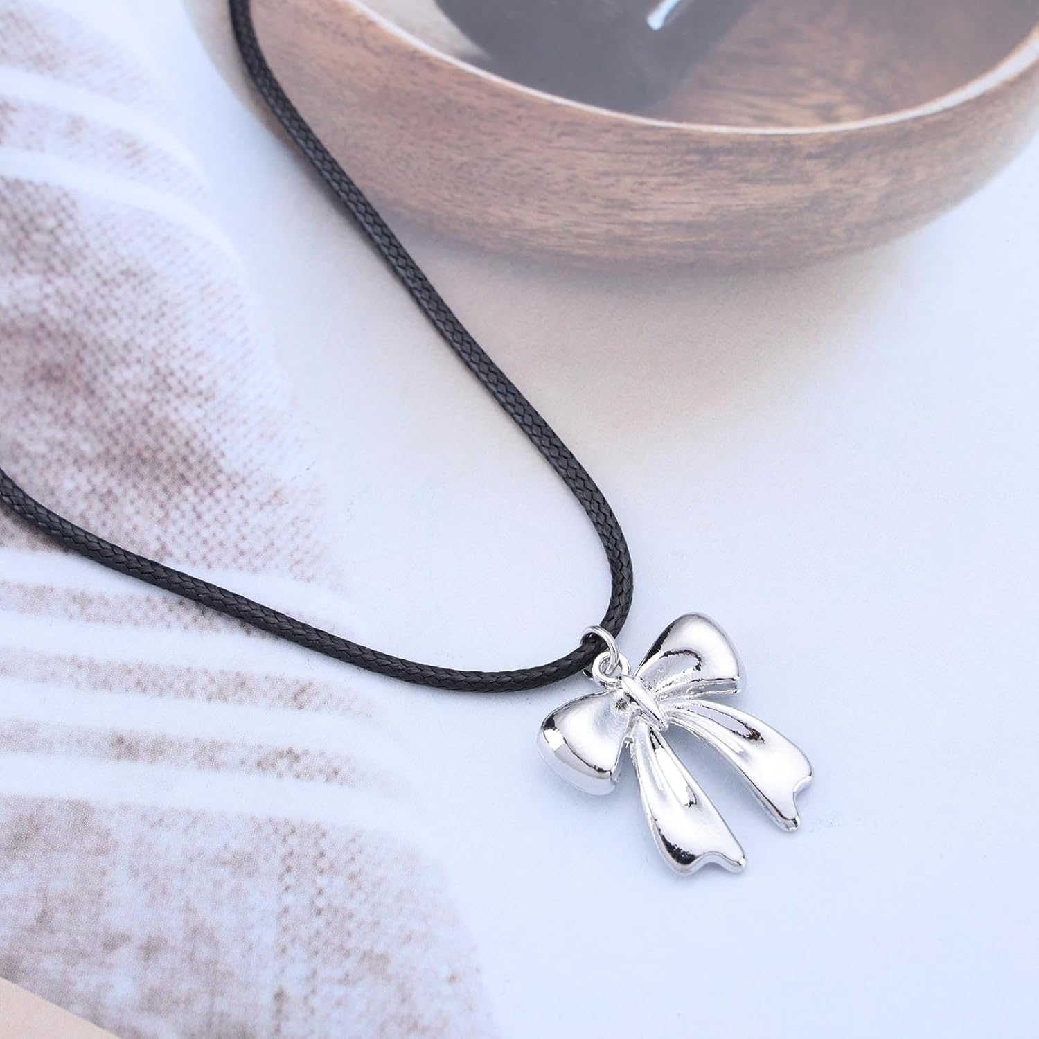 Vintage Bow Leather Choker Necklace Silver Bow Tie Pendant Necklace Black Leather Rope Necklace Punk Leather Cord Necklace Chain Jewelry for Women - Image 5