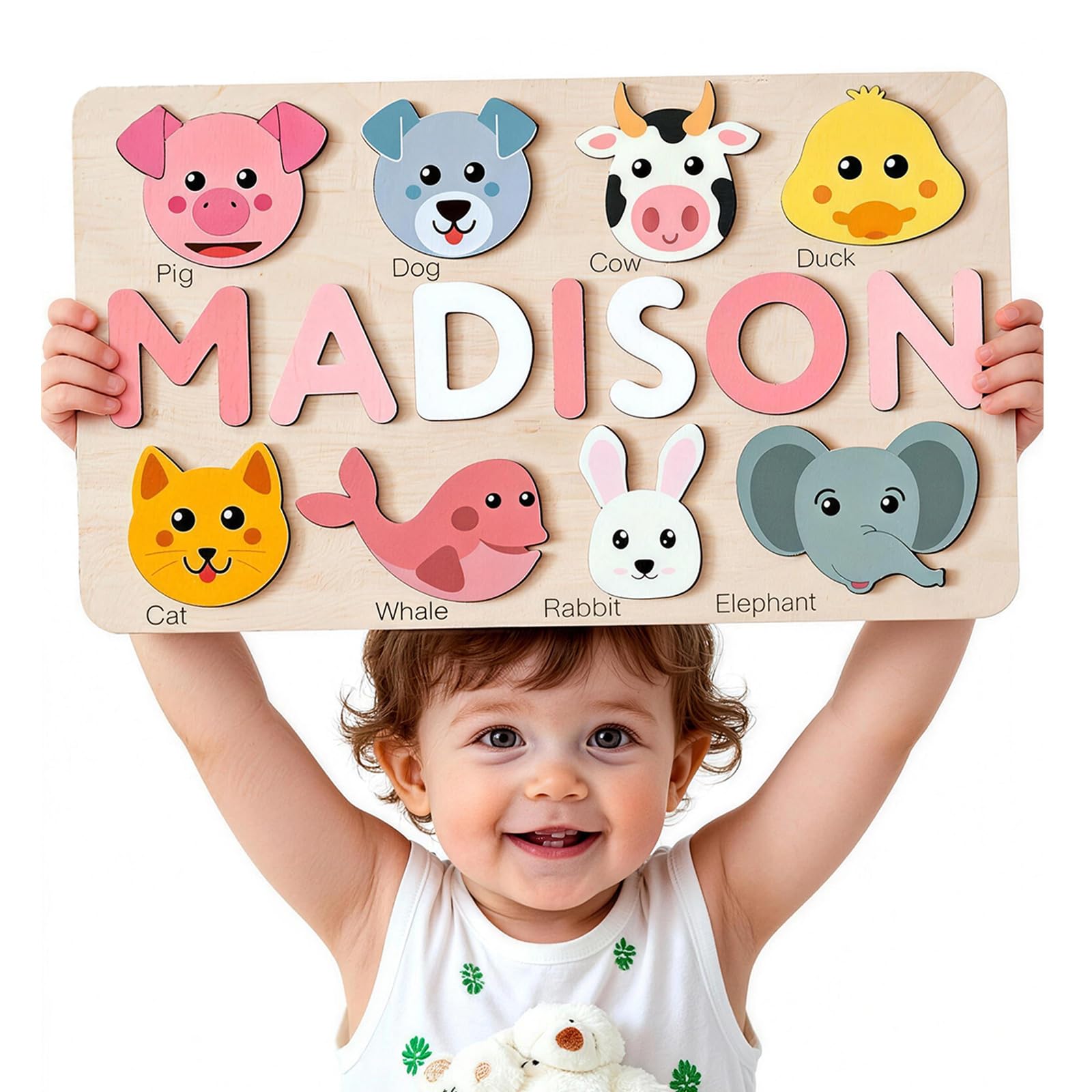 UIDMEN Personalized Name Puzzle for Toddlers 1-3, Wooden Montessori Toy, 12 Animal Themes, 1st Birthday Gifts, Nursery Decor for Boys & Girls, Gifts for Toddlers, Kids, Sons, Daughter, Grandkids