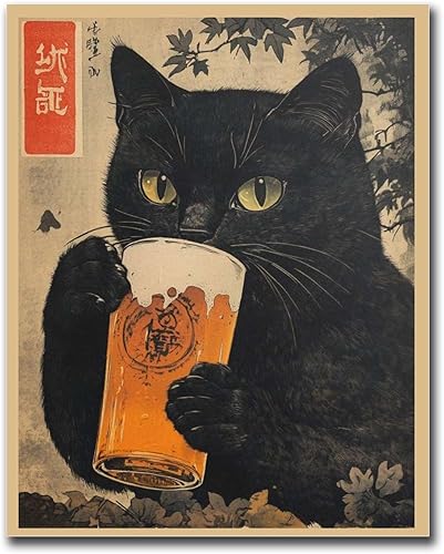 SENLYCH Canvas Painting Poster and Print Vintage Black Cat With Beer Japanese Art Print Black Cat Drinking Beer Poster Retro Wall Art Bedroom and