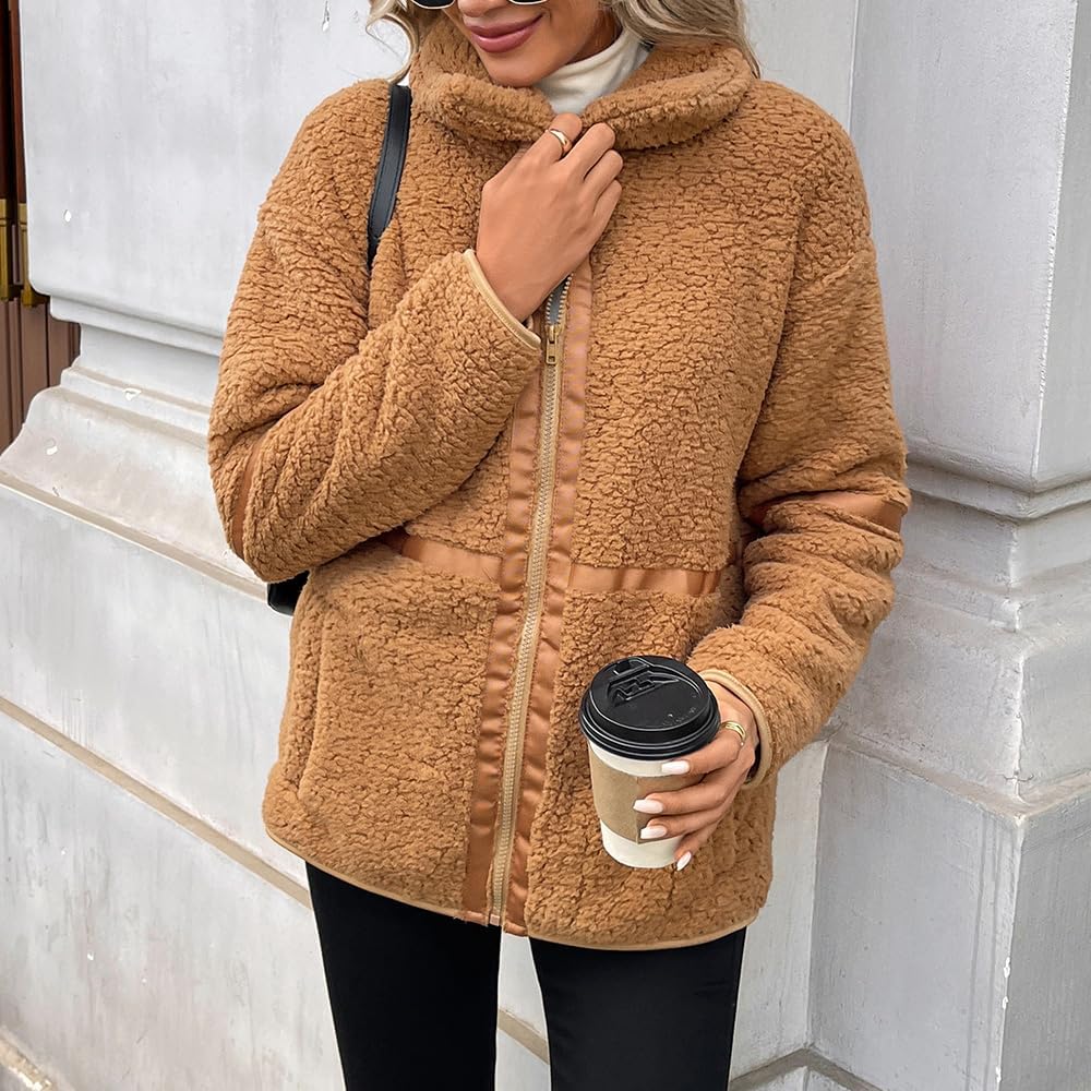 Women's Fleece Zip Up Sherpa Jacket Casual Stand Collar Patchwork Quilted Teddy Coat with Pockets - Image 3