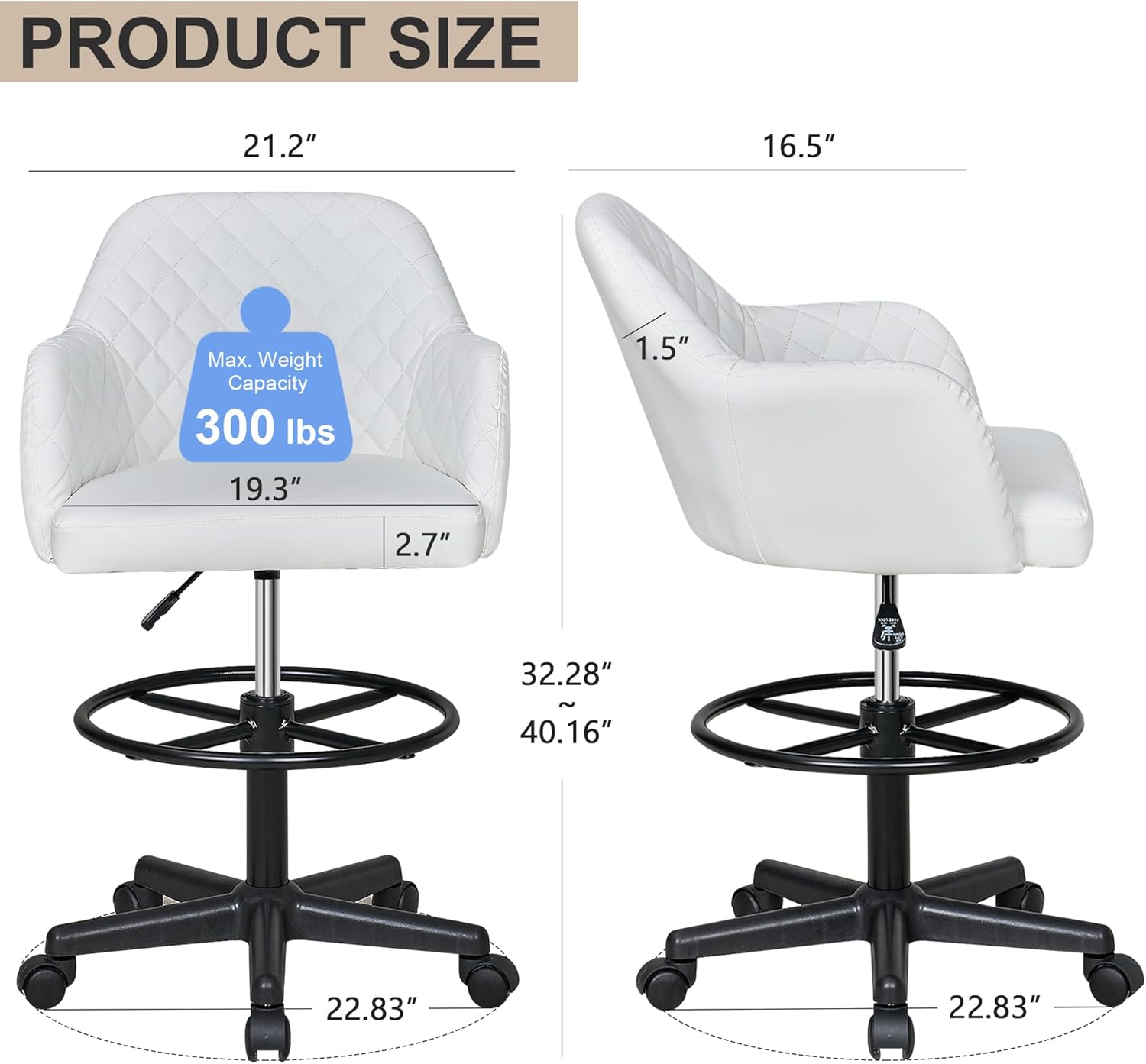 VECELO PU Leather Drafting Chair with Low Back and Footrest Ring, Height Adjustable, Swivel Rolling Wheels, for Drawing/Standing Desk/Office, White