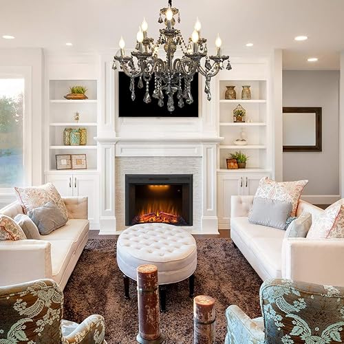 Miniatura 7 de Candelabro de cristal de lujo gris humo, doble capa K9 lámpara de araña de cristal de 9 luces estilo vela lámpara de techo de cristal para comedor,