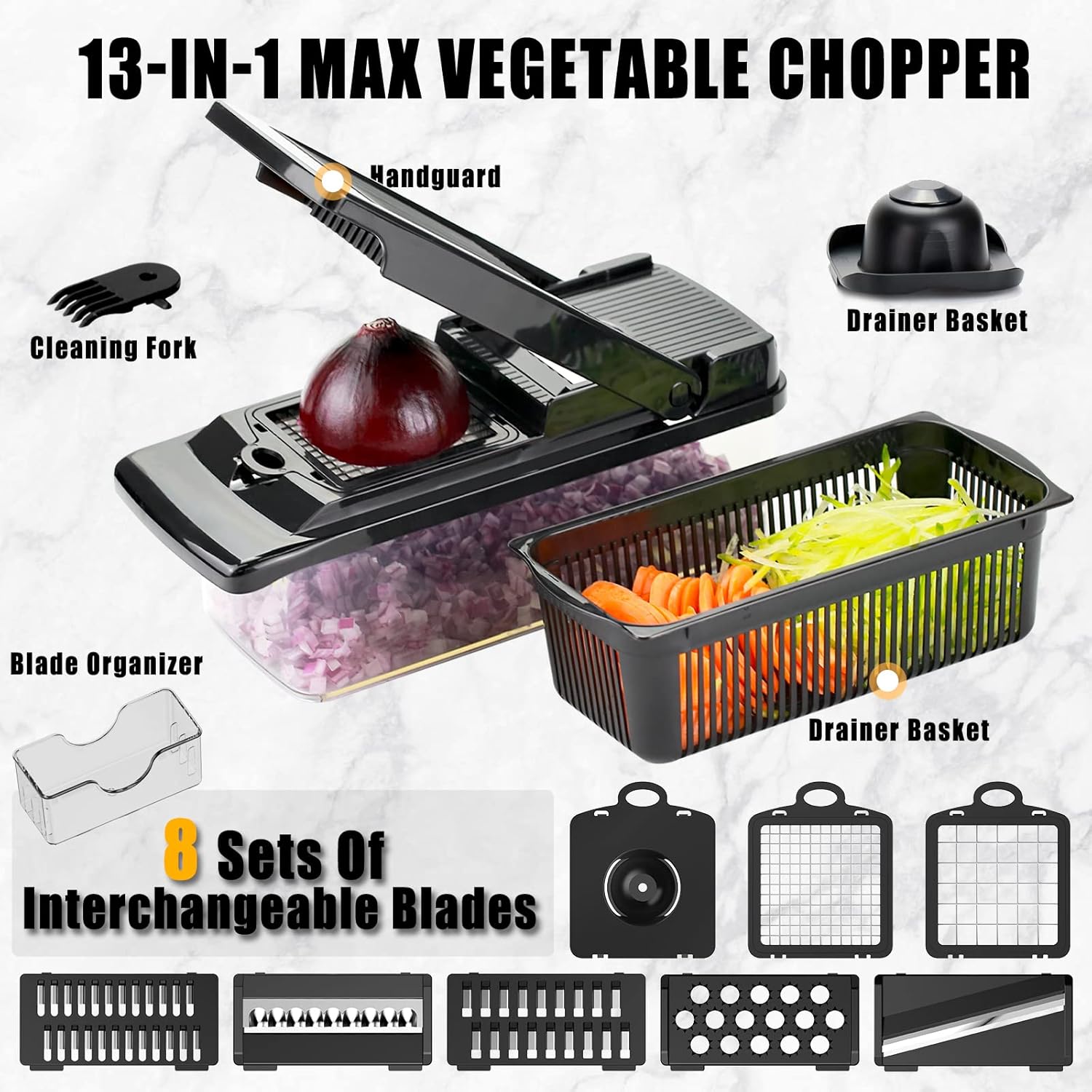 Vegetable Chopper and Cutter - 13 in 1 Veggie Dicer With Container, Onion, Salad, Food Chopper - Black