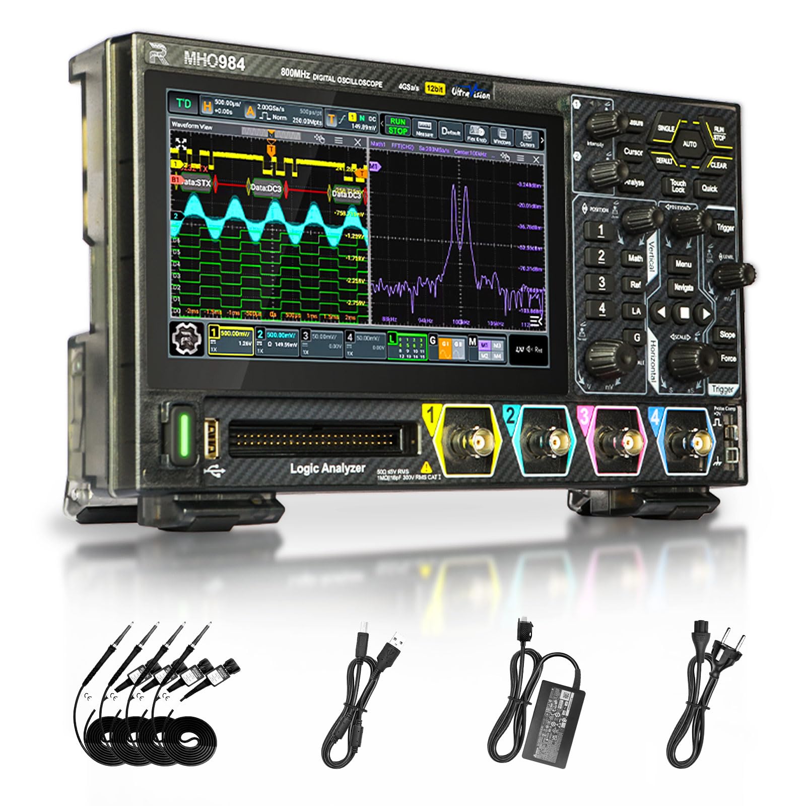 RIGOL MHO984 Oscilloscopio Digitale, 800MHz, 4GSa/s, 12-bit, 4+16 Canali, Wi-Fi & Bluetooth, Type-C, AFG opzionale, Ultra-portatile