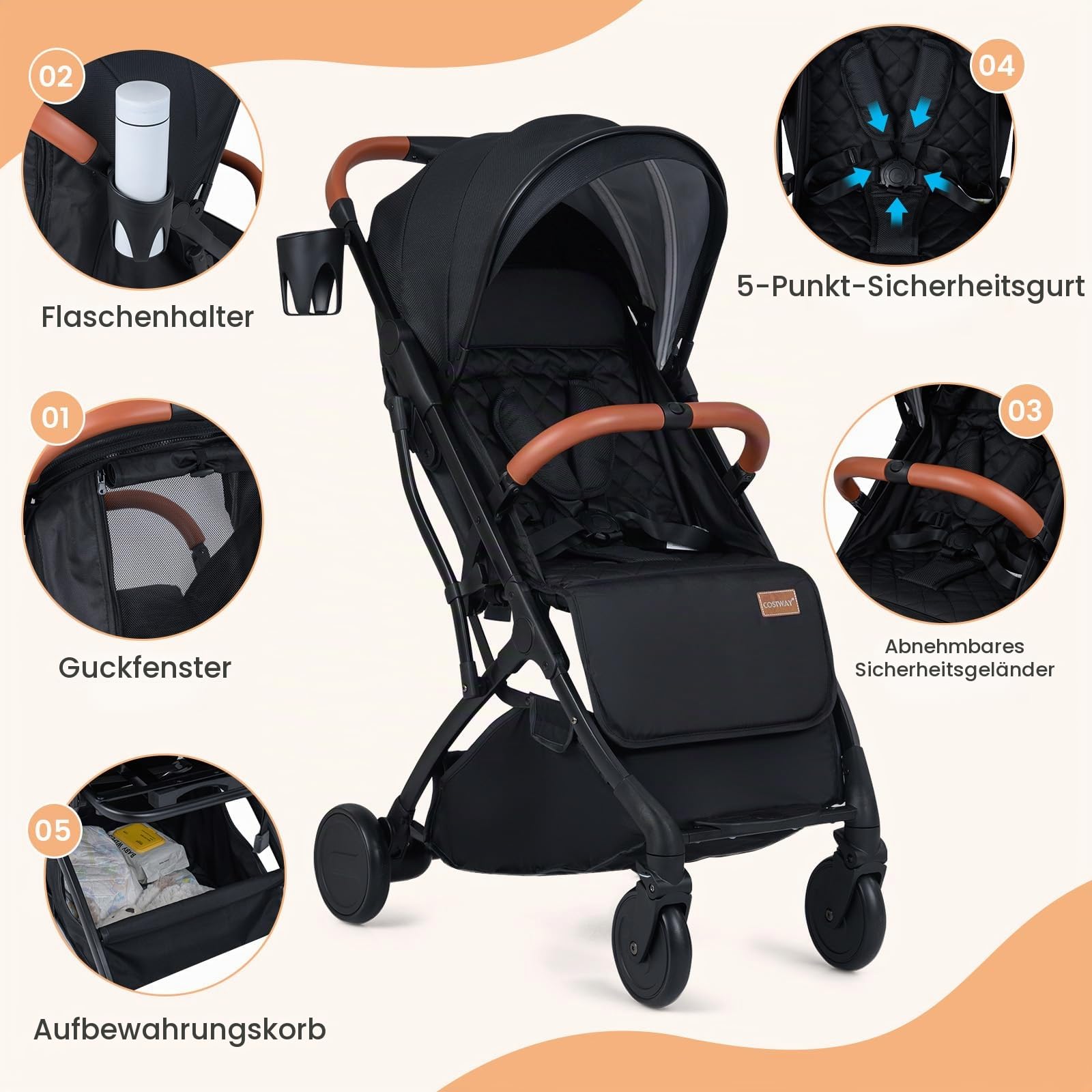 COSTWAY Kinderwagen klappbar mit Regenschutz, Reisebuggy mit verstellbarem Rückenlehne, Fußstütze, Verdeck & Griff, Babywagen mit Liegefunktion, Buggy für Baby bis 3 Jahren, 15 kg belastbar (Schwarz)