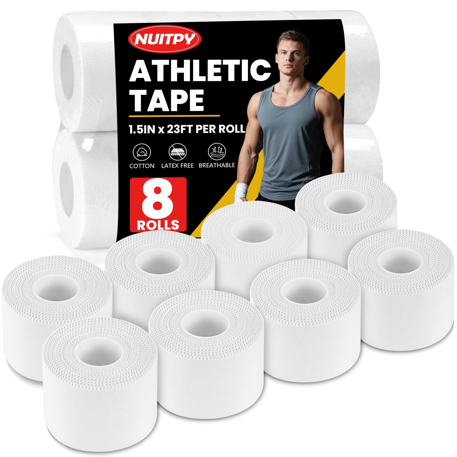 8 Pack Athletic Tape White Sports Tape Easy Tear Wrist Tape Strong Adhesion Tapes for Boxing Gymnastics Hockey