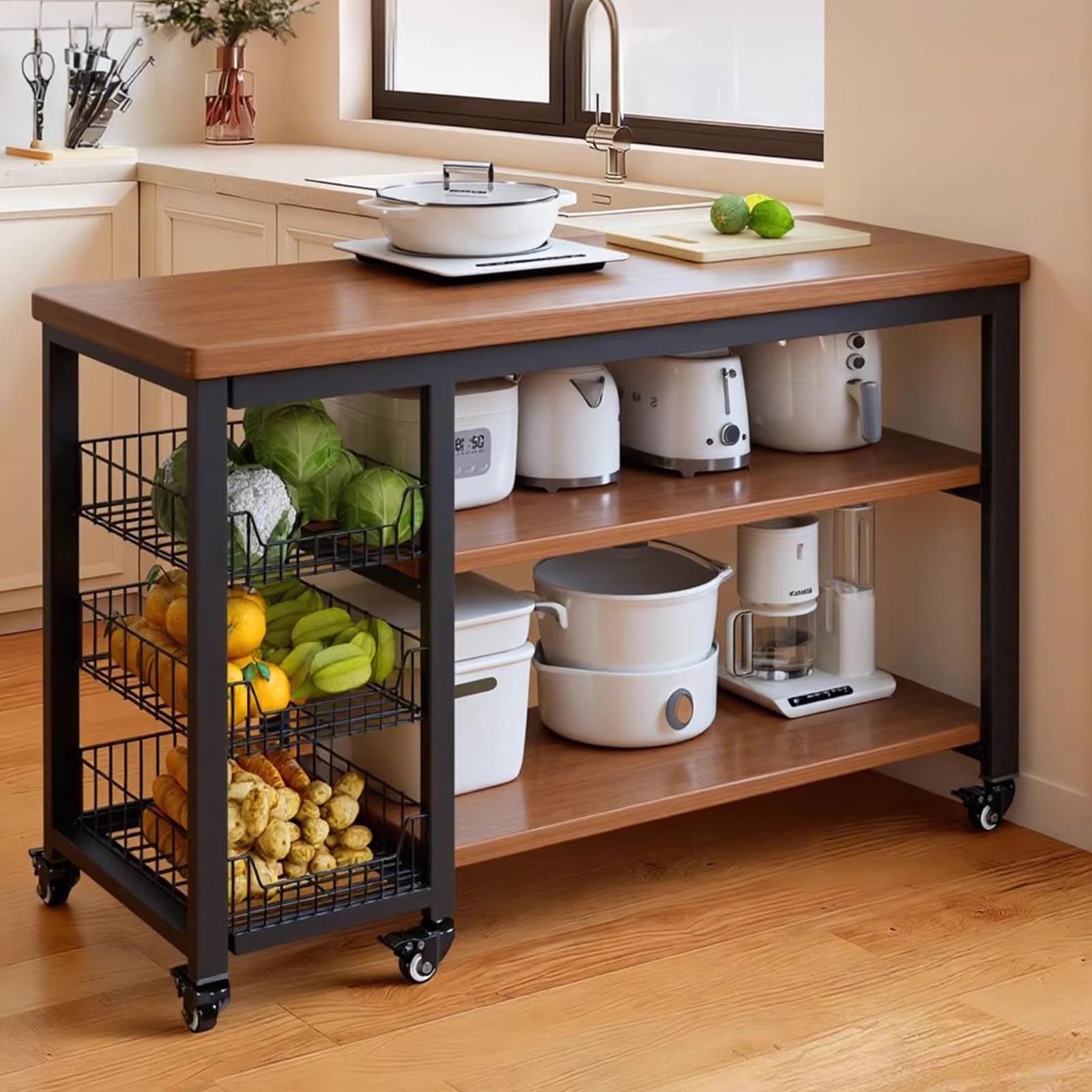 Rolling Kitchen Island Koszyk z drewnianym blatem, metalowy, druciany, mały wózek Sto do jadalni, gotowania i przygotowywania jedzenia, futra kuchennego