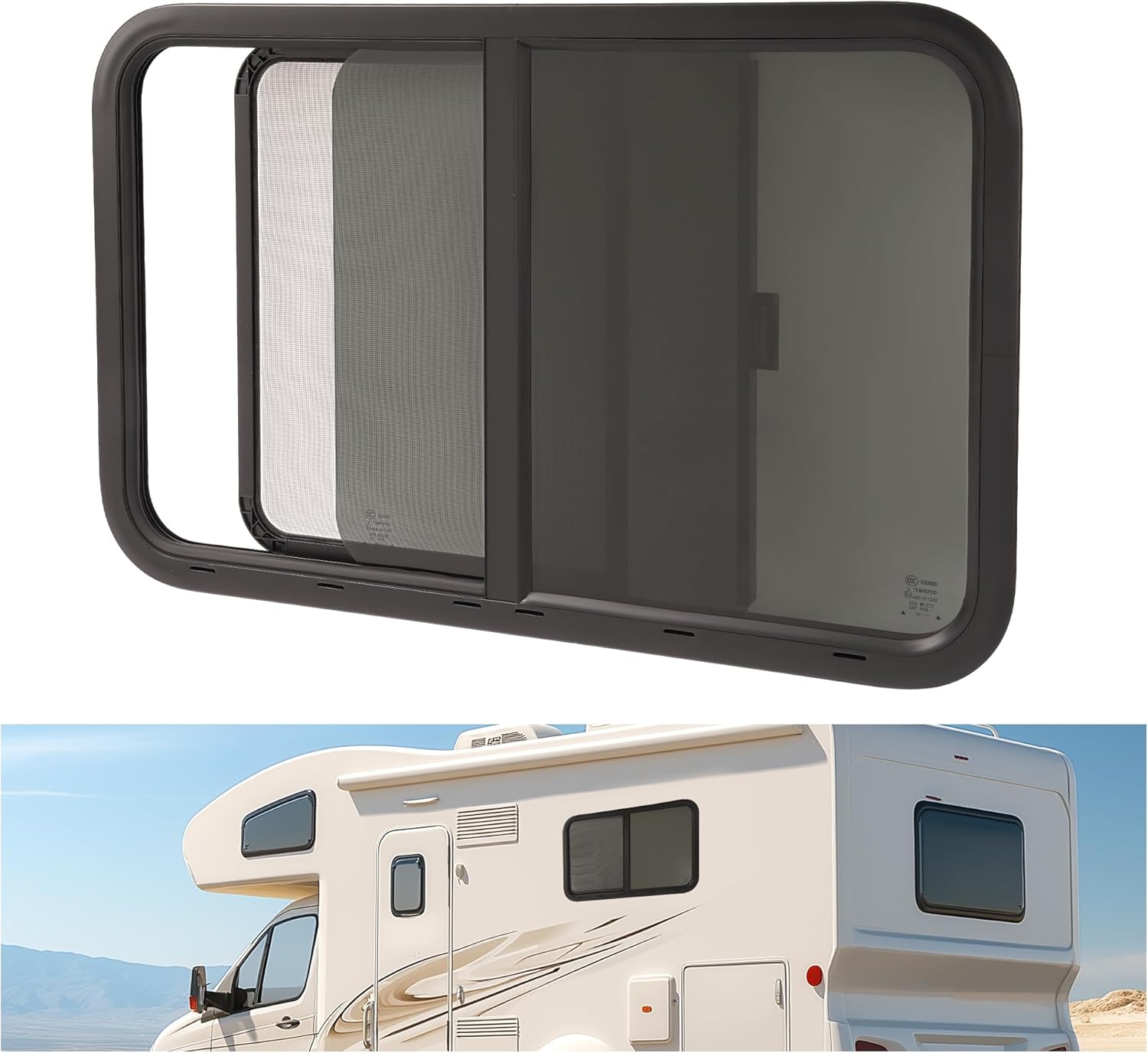 Wutist 35" W X 22" H RV Window Teardrop Horizontal Slide RV Window W/Net Screen, Trim Ring For 1-1/2" Wall Thickness For Cargo Travel Trailer, Camper, Cargo Van