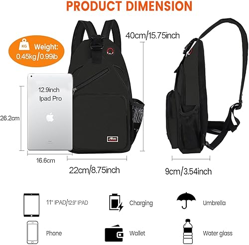 Miniatura 5 de Mochila bandolera para hombres y mujeres, mochila de hombro, bolsa de viaje, senderismo, bolsa de pecho (negro)