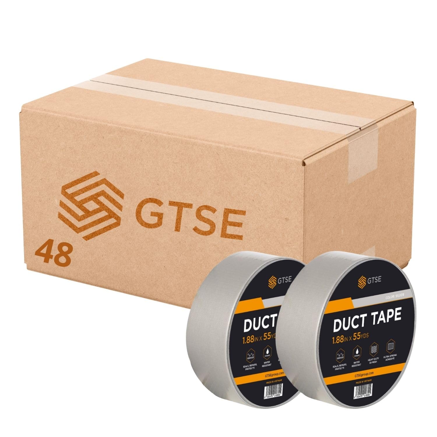GTSE - Cinta americana plateada de 48 mm x 50 m - Cinta de tela resistente, adhesiva e impermeable - Para reparar, fijar, agrupar, reforzar y sellar - 48 rollos