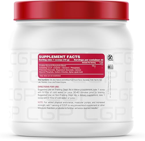 Vista 2 de Metabolic Nutrition, CGP, fosfato de creatina glicerol, 100% polvo de creatina micronizada, suplemento pre intra post entrenamiento, ponche