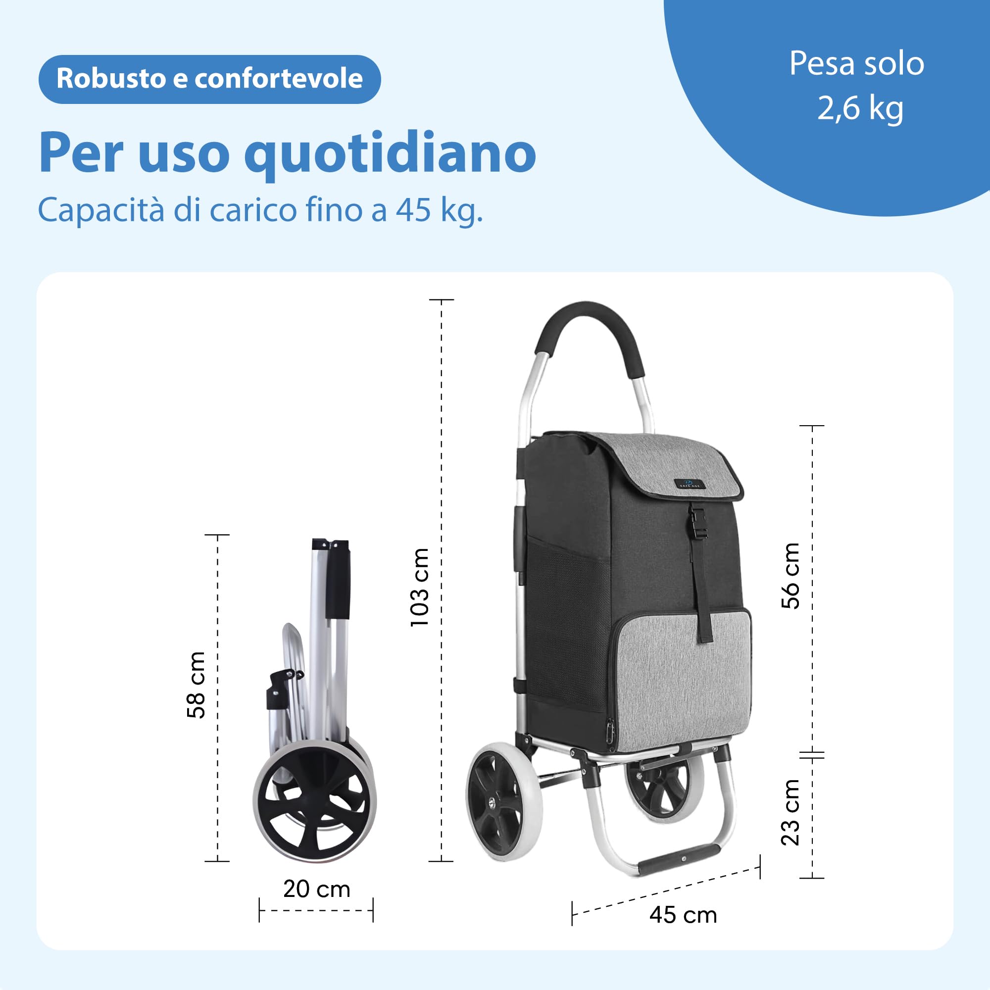 Safe Age Carrello Spesa con Ruote - Trolley Pieghevole da 45 Litri con Vano Frigorifero e Funzione Portatutto - Grigio
