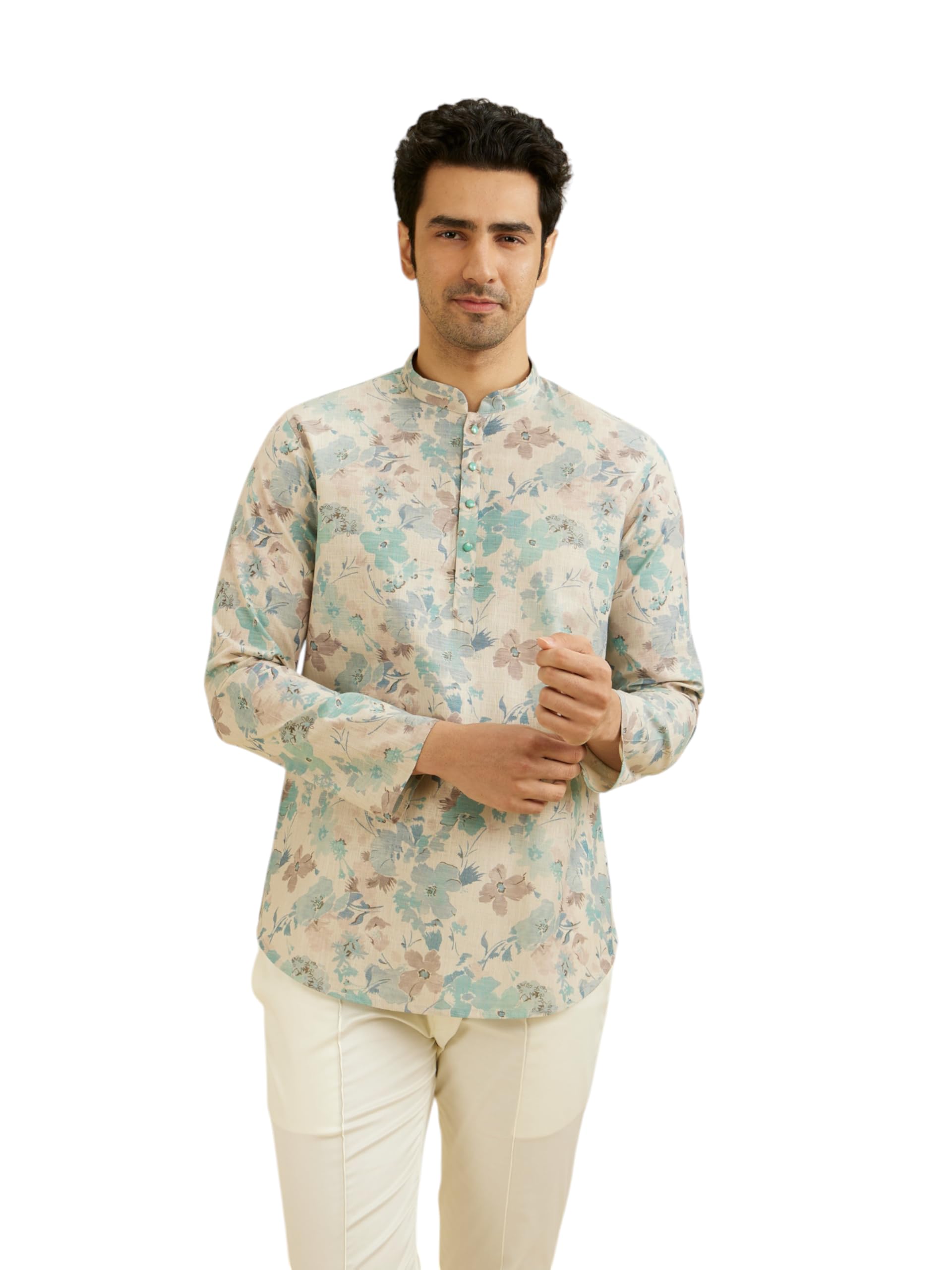 manyavar Men's Linen Blend Floral Print Short Kurta (1pc)-picture-33