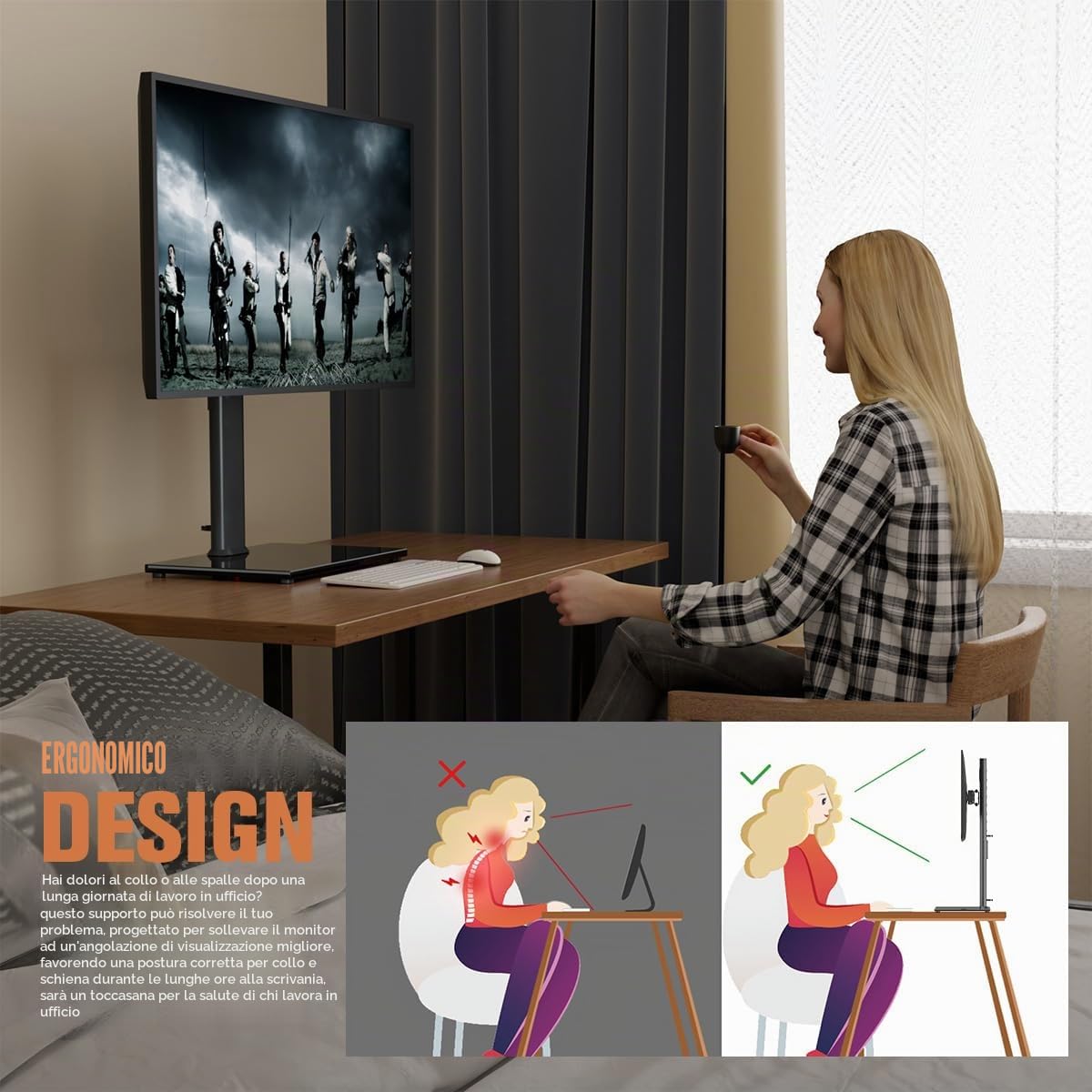 Hemudu Supporto Singolo per Monitor da 27 a 43 pollici, Alto Supporto Monitor da Scrivania con Base Regolabile, Monitor Braccio fino a 35kg con girevole ± 45 °