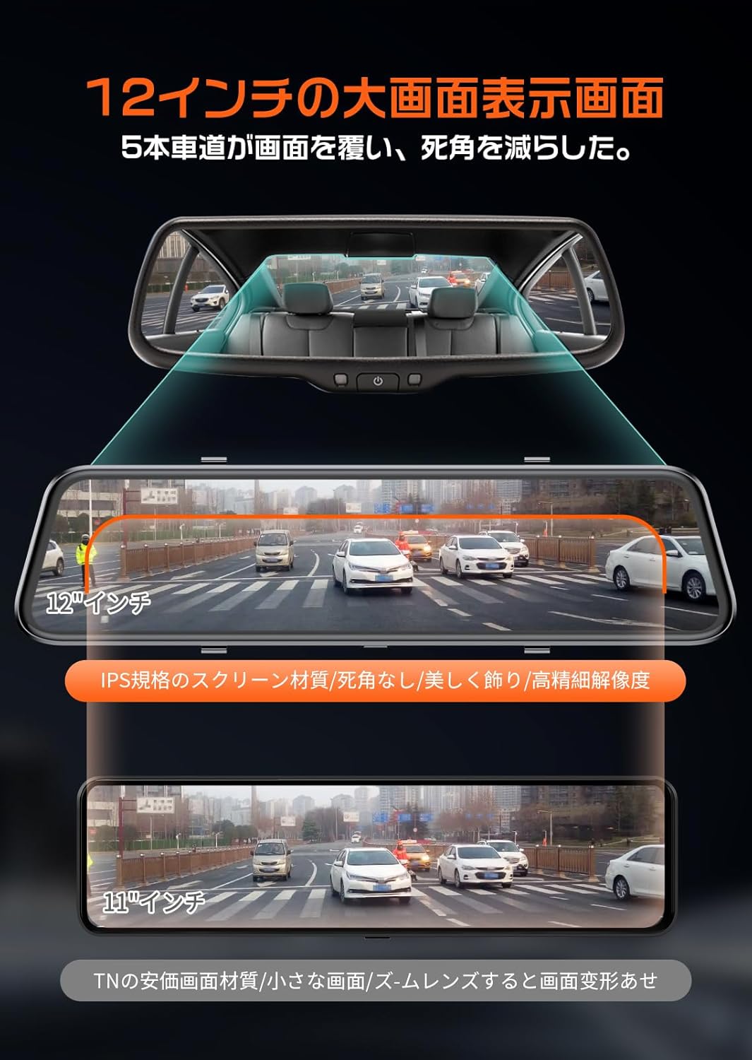 JADO ドライブレコーダー ミラー型 2.5K 12インチデザイン CarPlayとAndroidAuto 前後カメラ 全方位バックガイド線調整可 Type-C電源ポート UHD 大画面 隠し配線 GPS搭載 WDR超暗視機能 170°超広角 タッチパネル Sony415センサー 超暗視機能 タイムラプス録画 LED信号対応 地デジ干渉対策 日本語取扱説明書付き 64GBメモリカード付き