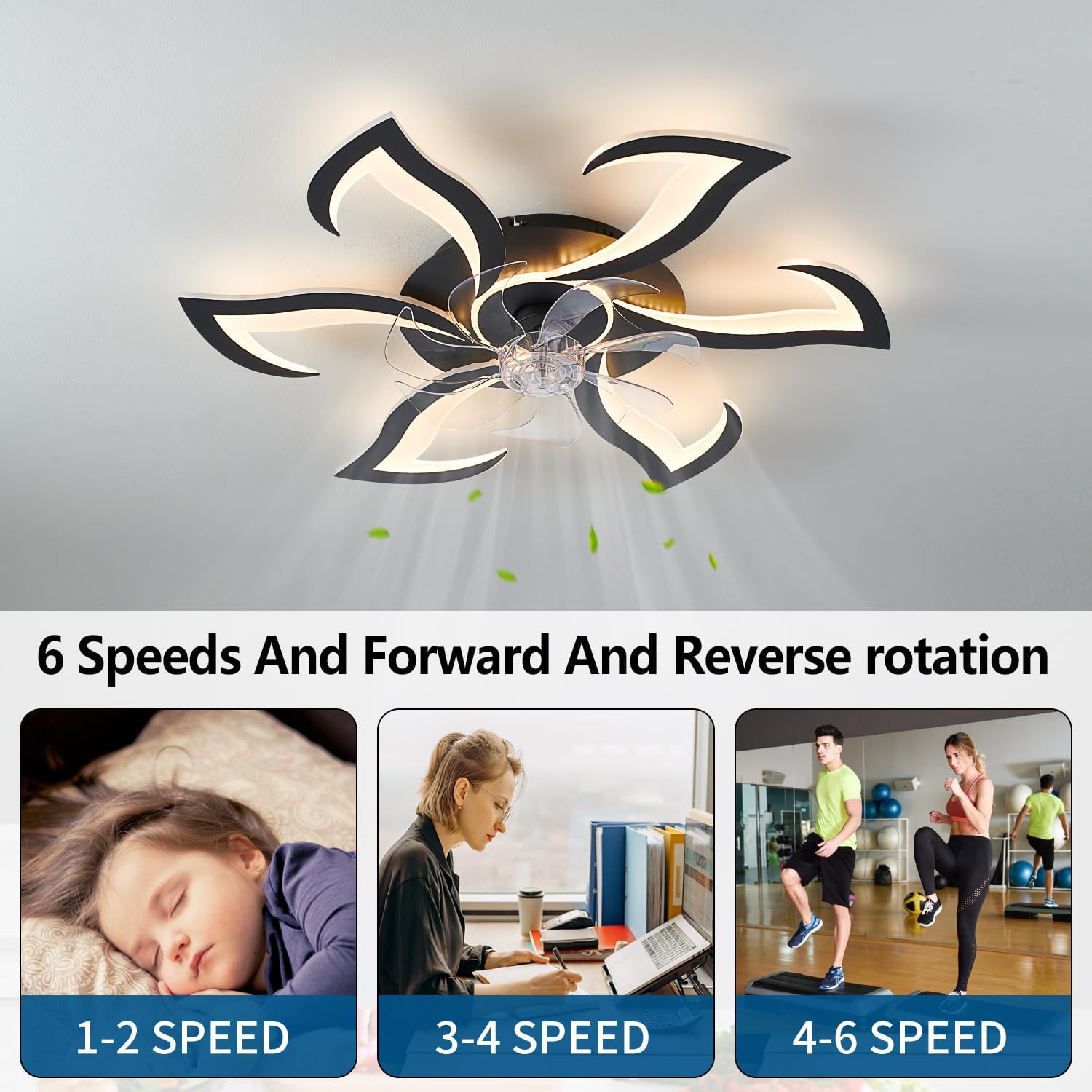 Black Flower Modern Ceiling Fans with Lights, Low Profile Ceiling Fan with Remote for Bedroom, 32inch Flush Mount Ceiling Fan with LED Dimmable Light,6-Speeds, Timing Ceiling Fan Light