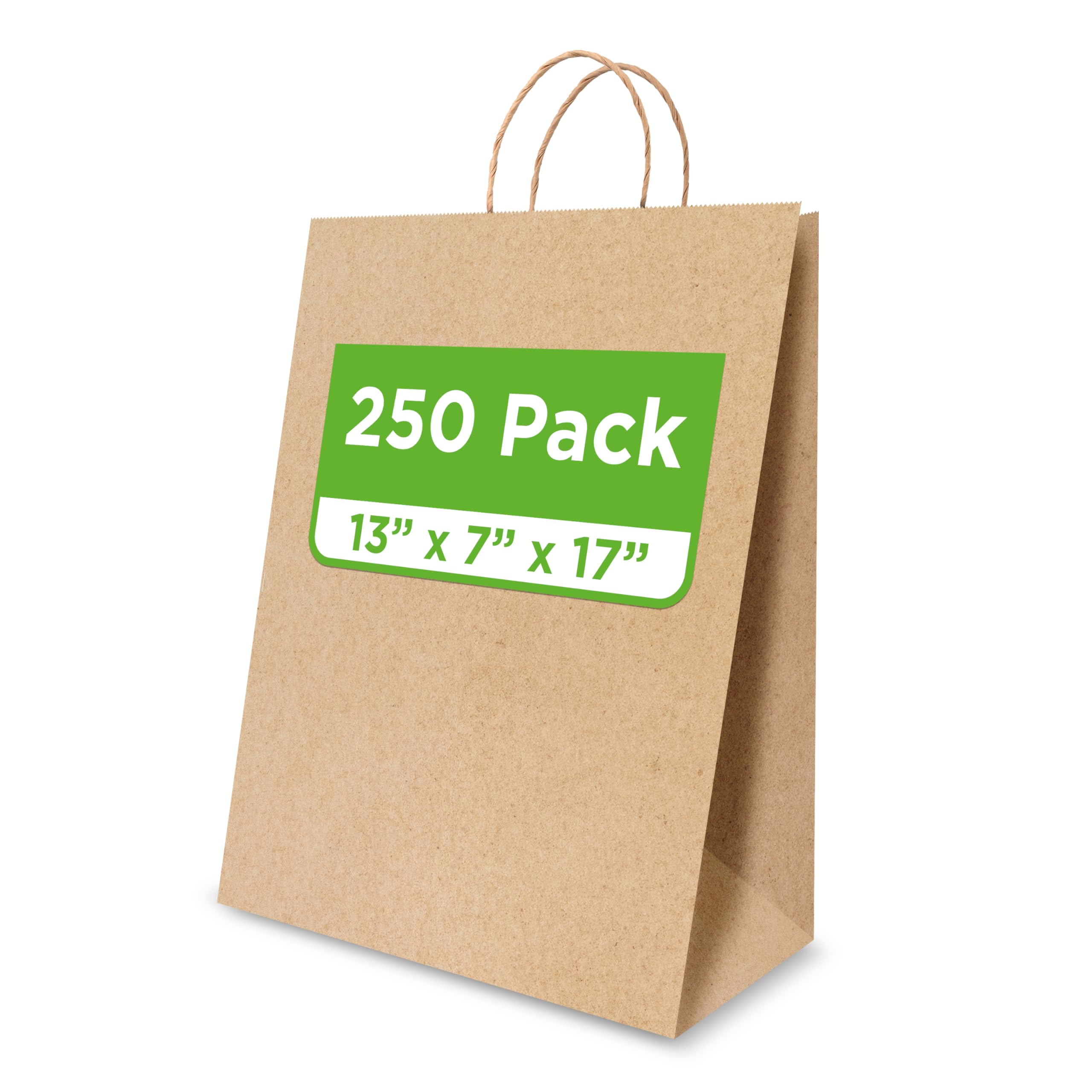 Lia Brown Kraft Paper Bags | 13x7x17 Inches – 250 Pcs | Large Paper Bags with Twisted Handles – Bulk, ideal for Takeout, Grocery & Retail, Restaurants