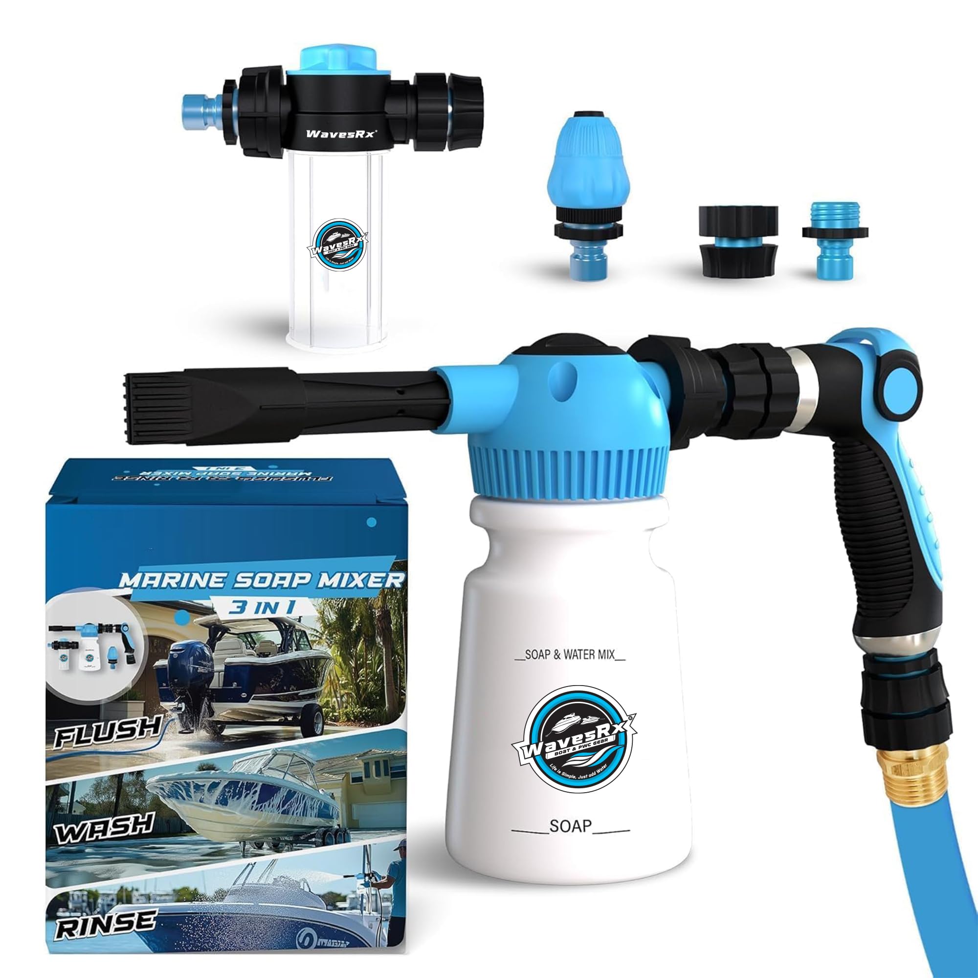 WAVESRX PWC &amp; Boat Wash Sprayer &amp; Engine Flush Mixer to Wash Salt Away | Dual-Use Marine Soap Foamer to Quickly Wash and Rinse | Cleaning Kit for Boating with Garden Hose Quick-Connect