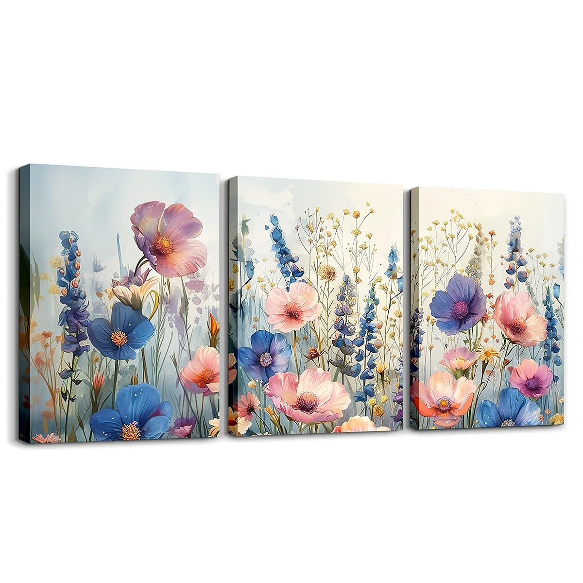 Décoration murale fleurs sauvages aquarelles triptyque tableau salon et chambre enfant