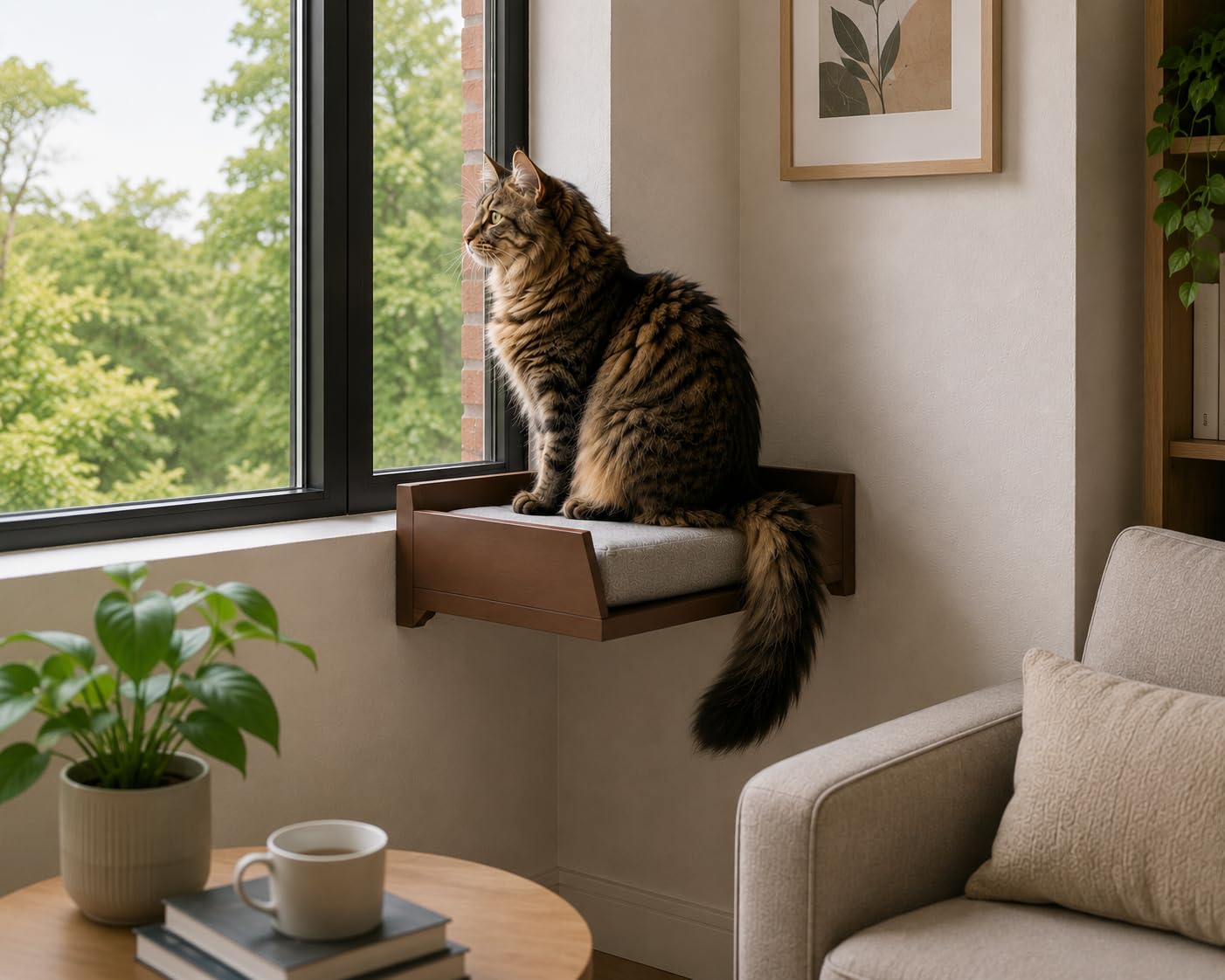 Corner Cat Shelf for Cats, Black Wall Mount Perch, Sturdy Wood, Hammock-Style (Cushion not Included) (Wallnut Brown)-image-27