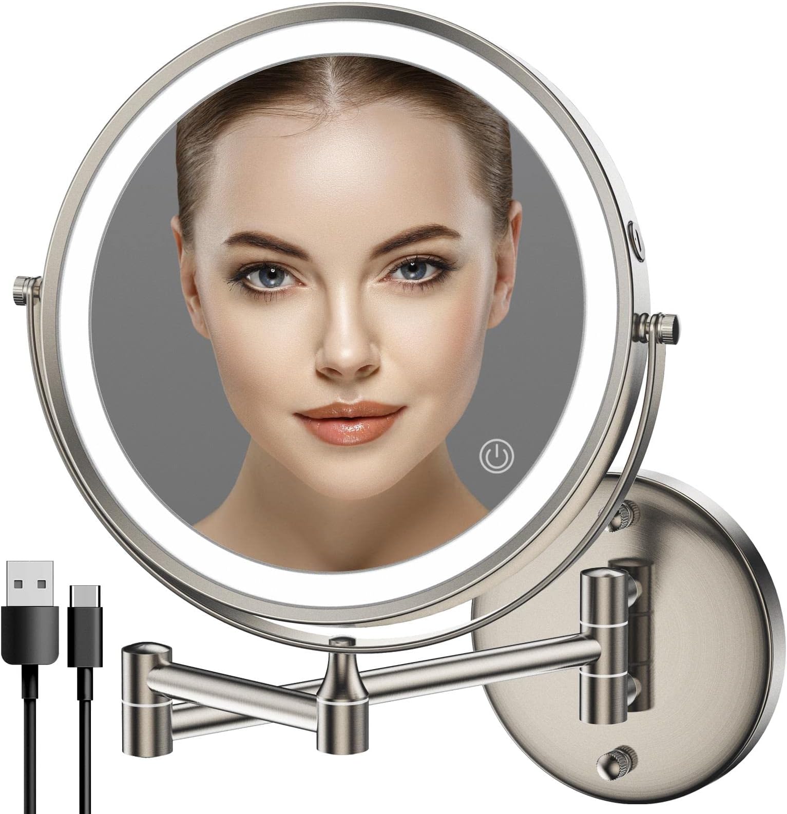 Rechargeable Wall Mounted Lighted Vanity Mirror Nickel, 8 Inch Double-Sided LED Makeup Mirror 1X/10X Magnification,3 Color Lights Touch Screen Dimmable 360°Swivel 13 Inch Extendable Bathroom Mirror