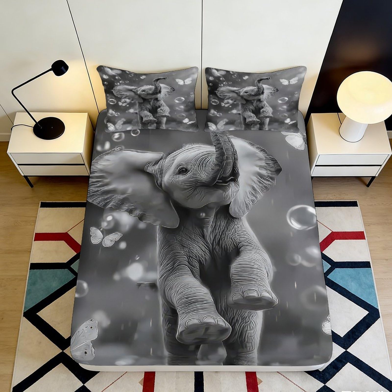3D Printed Elephant Pattern Fitted Sheet Microfiber Soft Breathable Butterfly Bed Cover for Bedroom Dormitory Guest Room Mattress Protection Decor 160x200x25cm