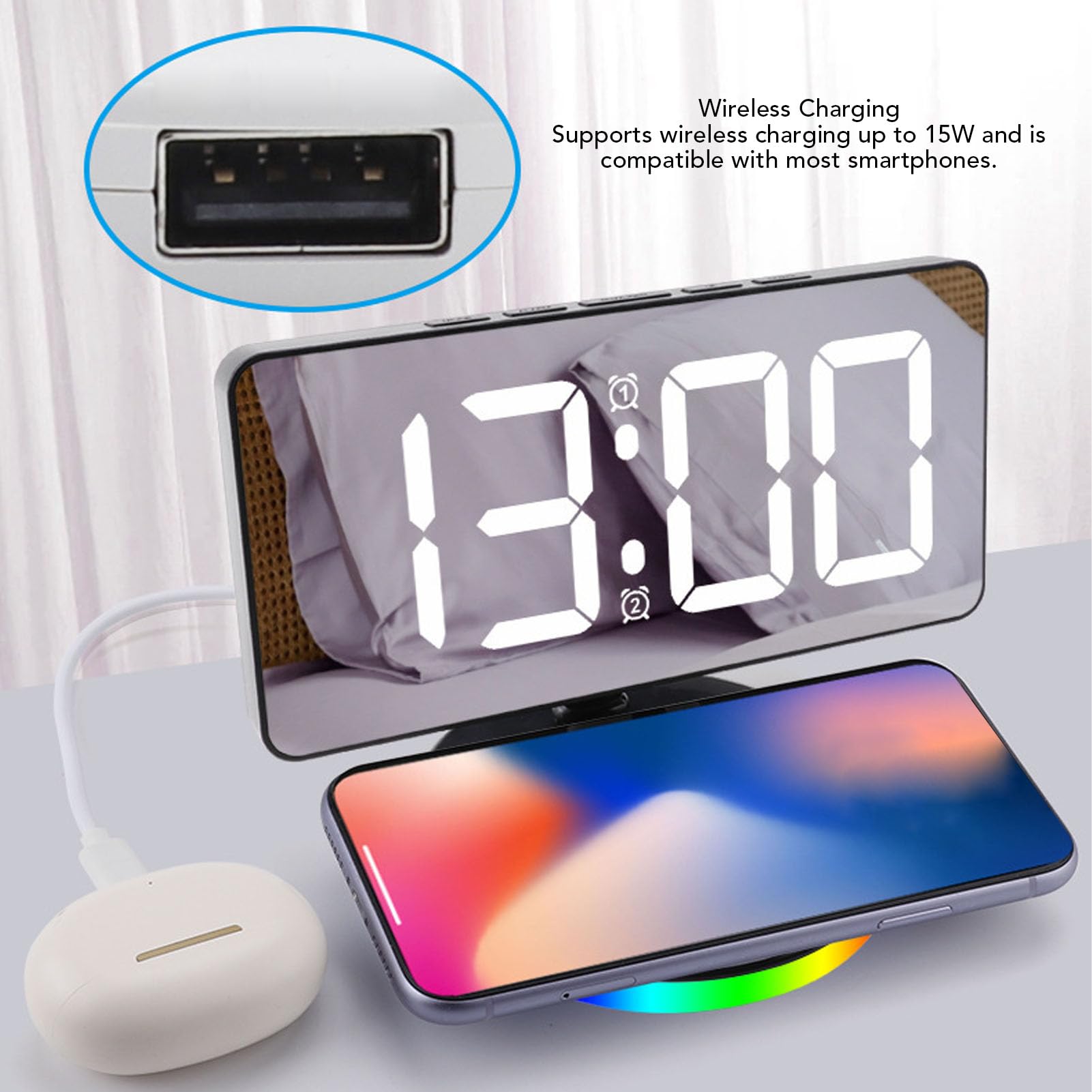 Reloj Despertador LED Digital, Pantalla de Espejo Grande de 7,3 Pulgadas con Cargador Inalámbrico, Función de Repetición, Luz RGB, Brillo Ajustable, Reloj de Escritorio (Black)