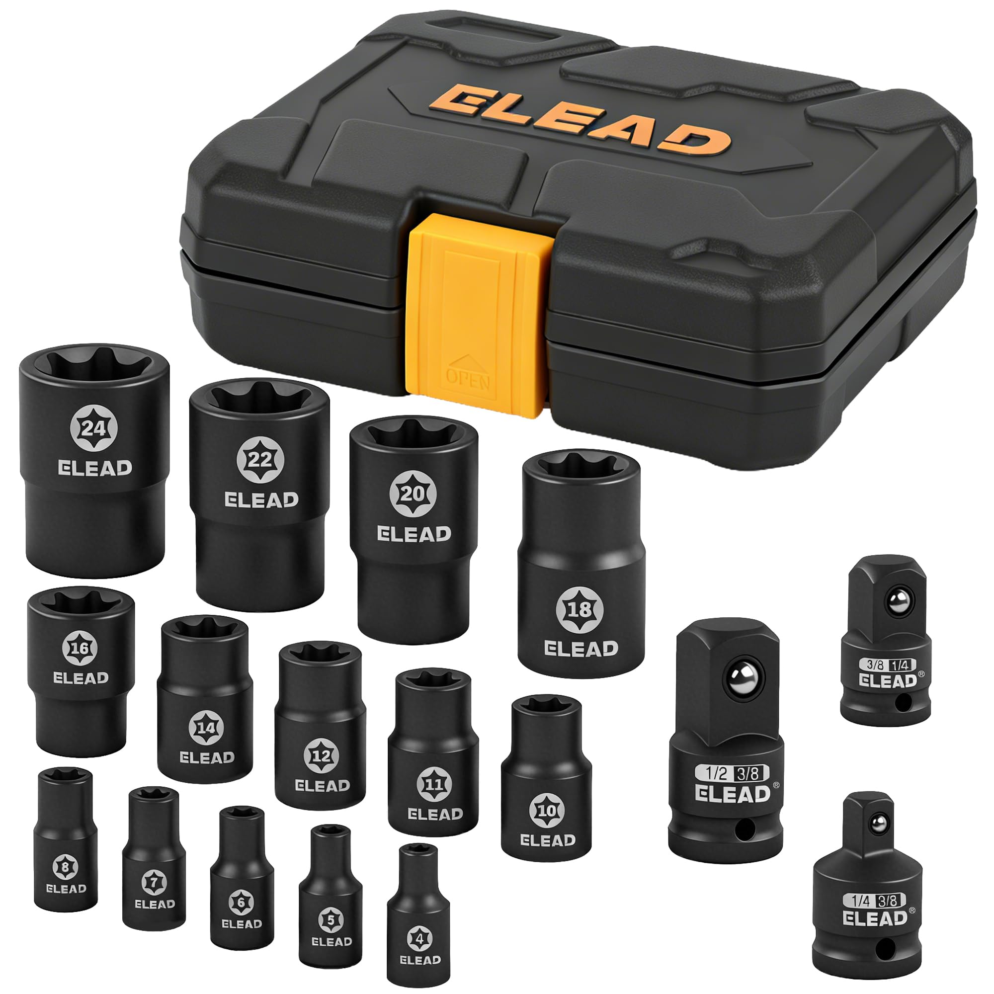 17-Piece Inverted E-Torx Socket Set - Premium Impact Cr-V Steel E4 - E24 Star Female Sockets for Impact Wrench 1/2 3/8 1/4 Drive Precision Torque Kit with Storage Case