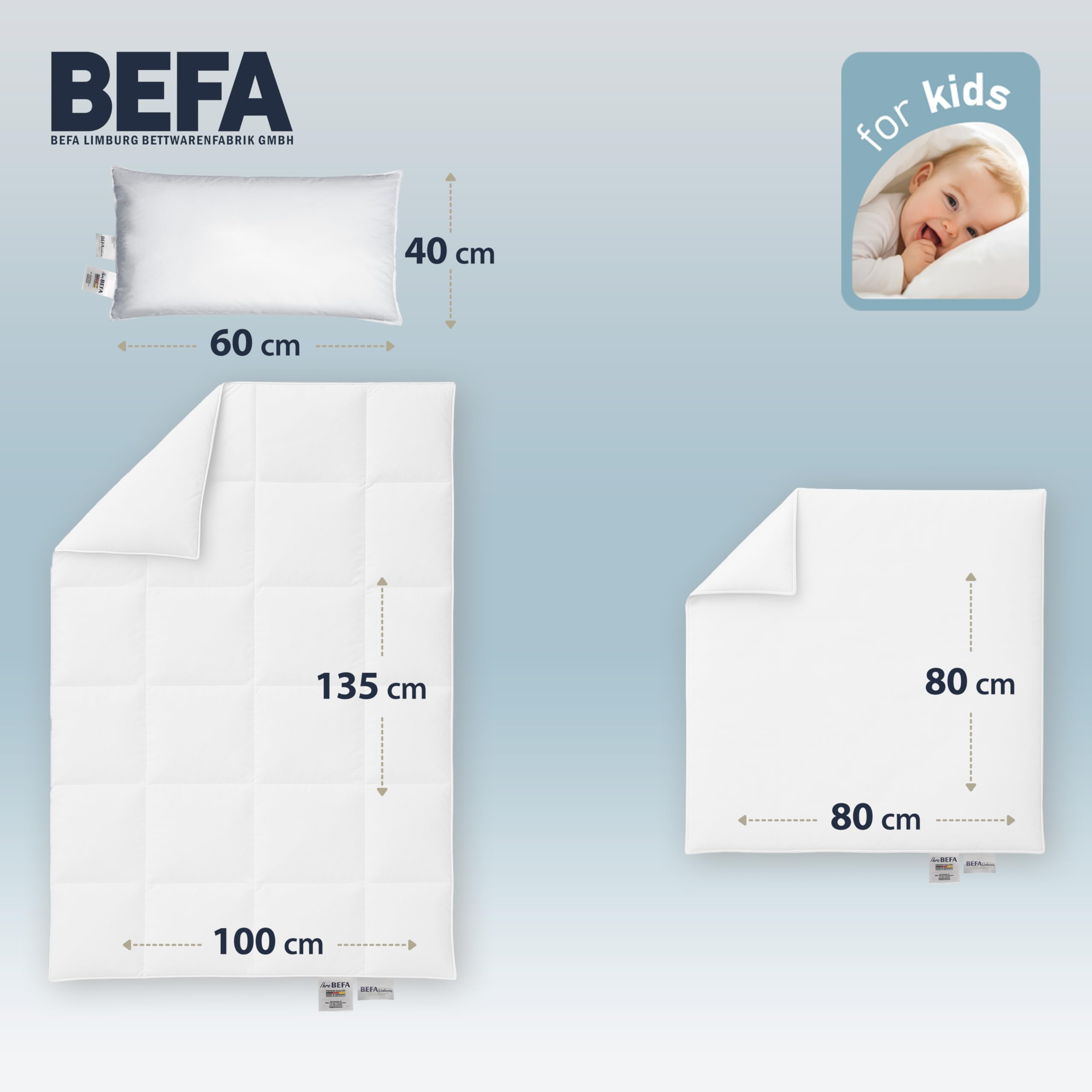 BEFA NATUR Kinderdecke 100x135cm medium | 350g Füllgewicht | 100% Reine Daune | Allergiker geeignet (NOMITE) | DOWNPASS | Oeko-TEX Klasse 1 | Made in Germany