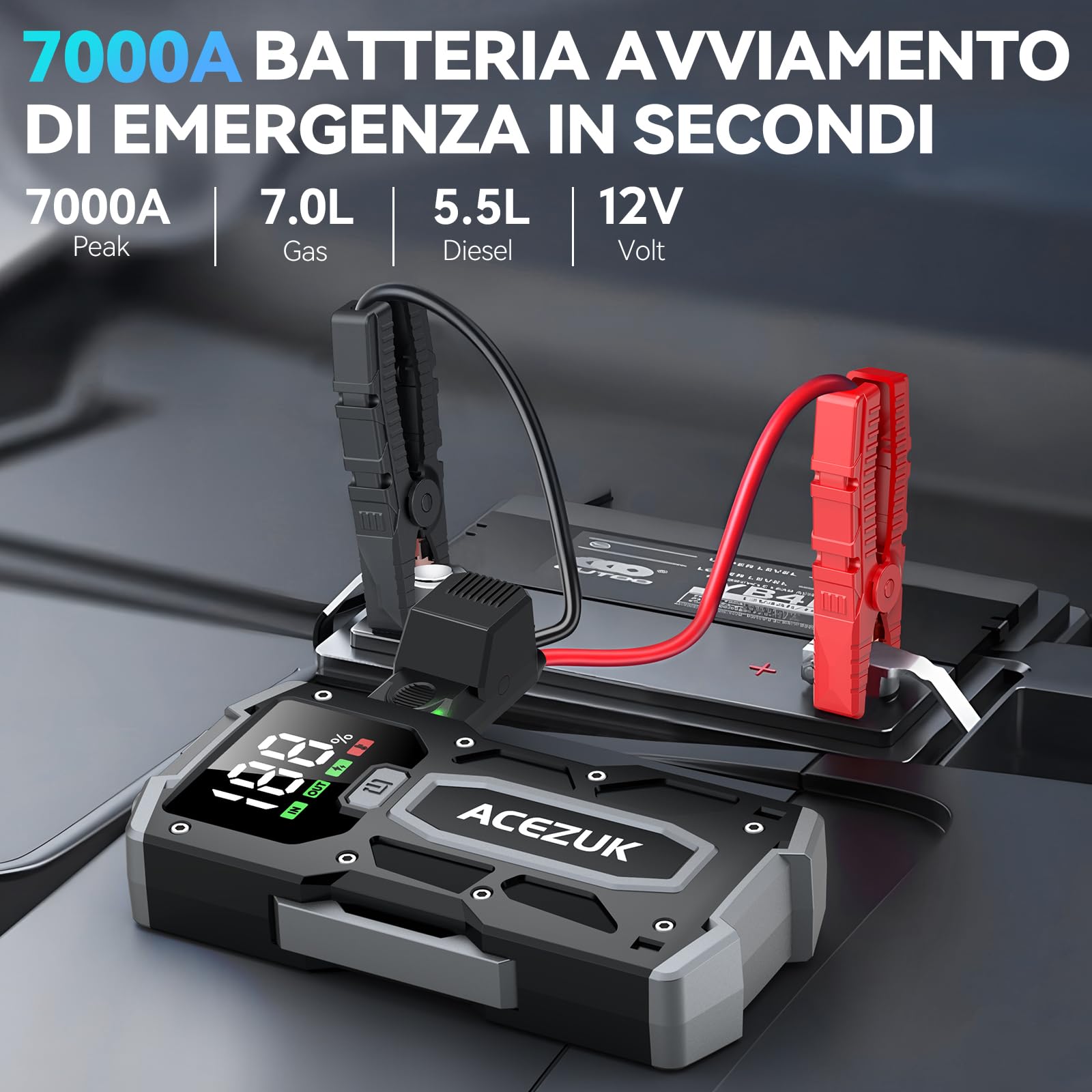 ACEZUK Avviatore Batteria, 7000A Avviatore di Emergenza per Auto/Moto(7.0L Gas or 5.5L Diesel) Starter Batteria Portatile Jump Start con LED/LCD Booster Avviamento