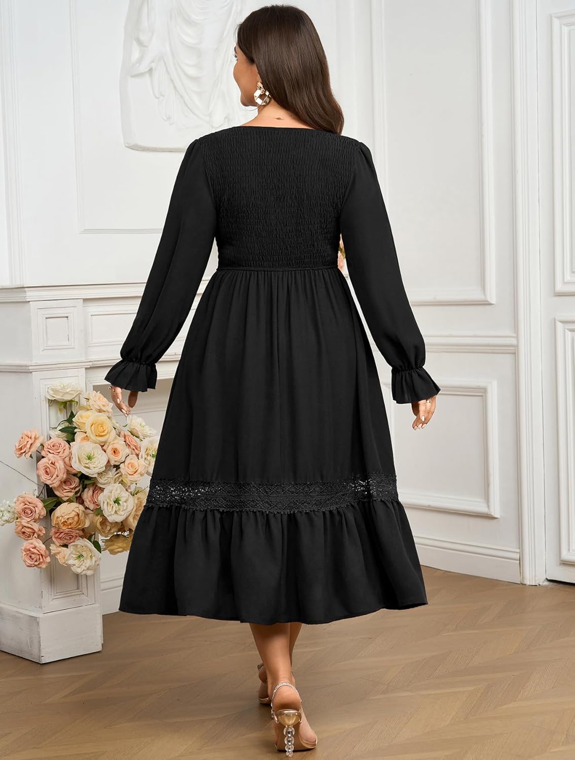 Plus Size Maxi Dress for Women Wedding Guest Fall Smocked Long Sleeve Round Neck Empire Waist Flowy Ruffle Dress 1XL~4XL - Image 4