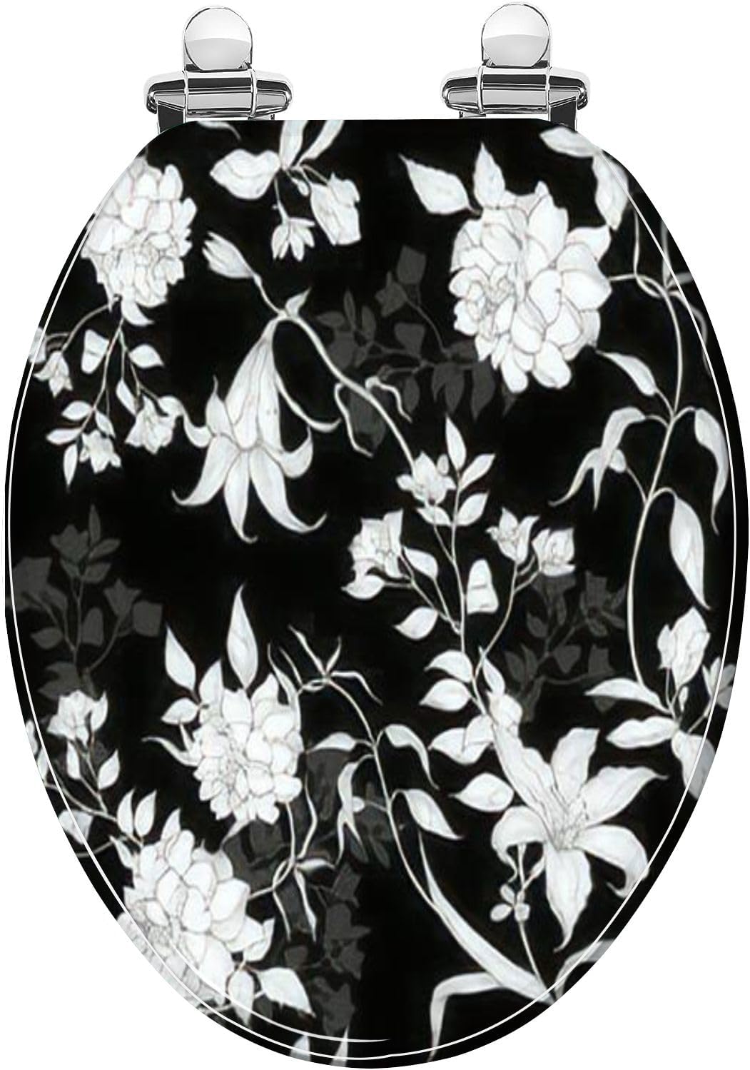 Elongated Toilet Seat black and white roses lilies leaves floral ...